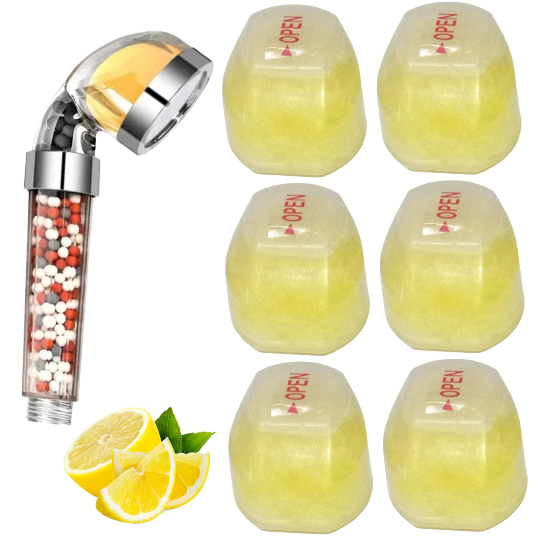 Peosaard Yellow Shower Head Filter, 6Pcs Vitamin C Shower Filter, Lemon Flavor Balm Vitamin C Infused Head Filters Soften Hard Water, Helps Dry Skin & Hair Loss