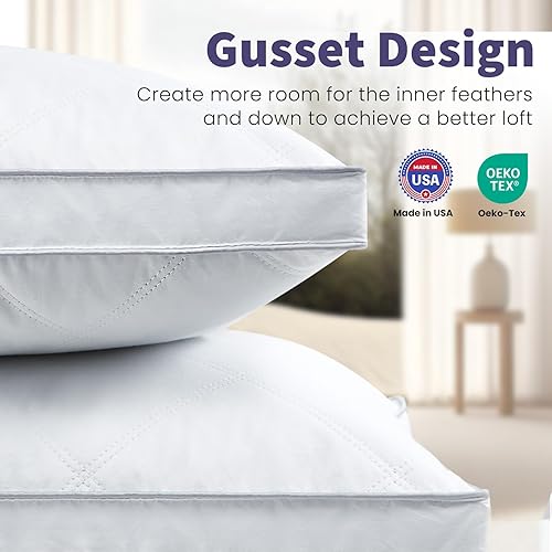 Miniatura 7 de Dreamhood Juego de 2 almohadas de plumas de ganso de lujo, tamaño estándar, hechas en Estados Unidos, suaves almohadas de cama con refuerzo para
