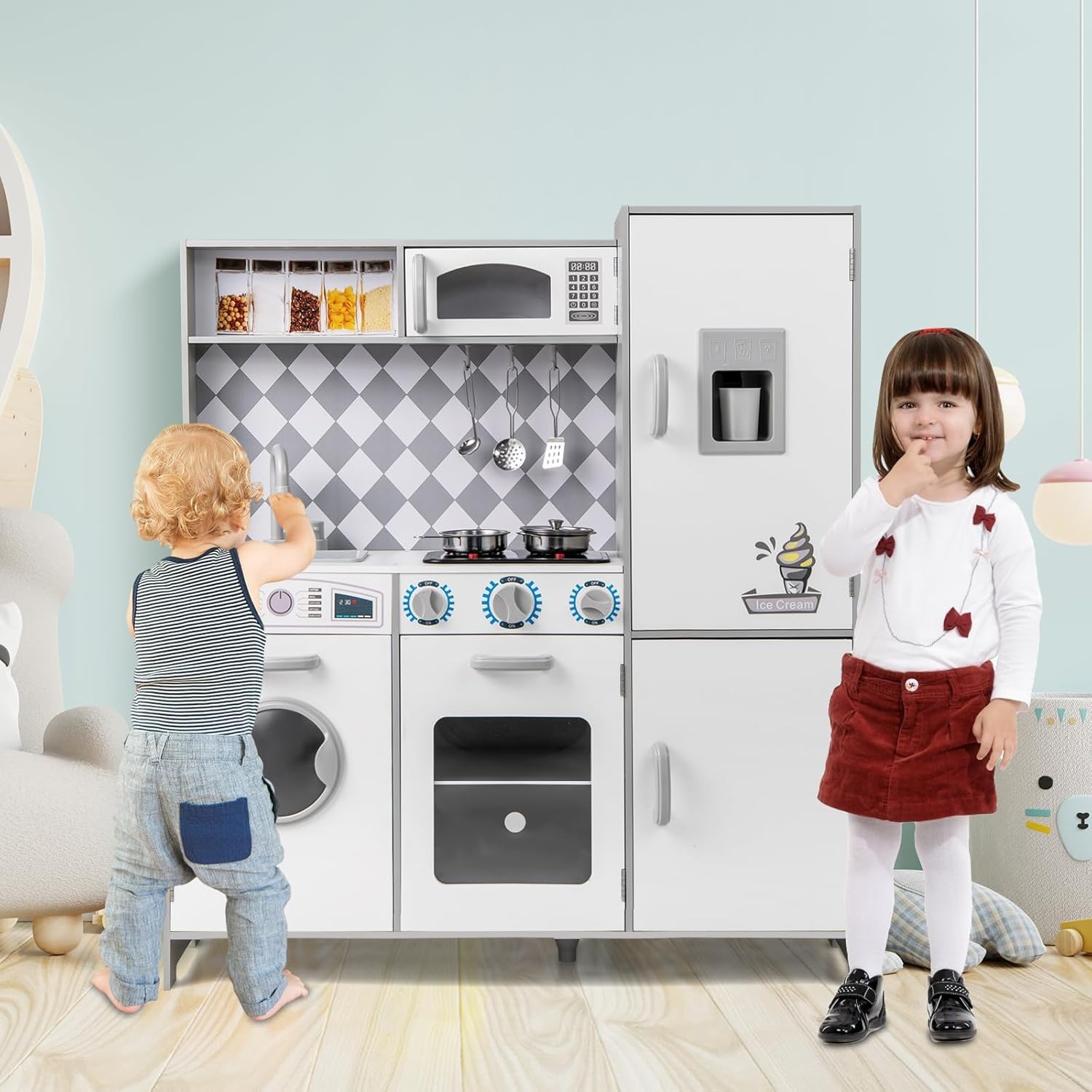 FANTASK Cuisine en Bois pour Enfants à partir de 3 Ans, Cuisine en Bois avec lumière et Son, Cuisine de Jeu avec cuisinière, Machine à Laver, Four, Micro-Ondes, ustensiles de Cuisine