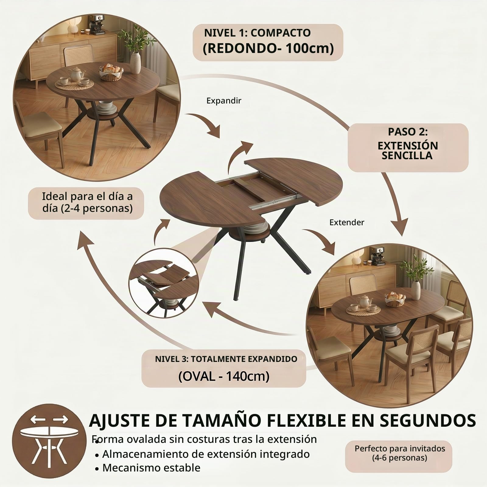 Mesa de comedor redonda extensible, 100 – 140 cm, redonda, mesa de cocina de madera, mesa de comedor ovalada con función telescópica, mesa de salón extensible con estantes abiertos para