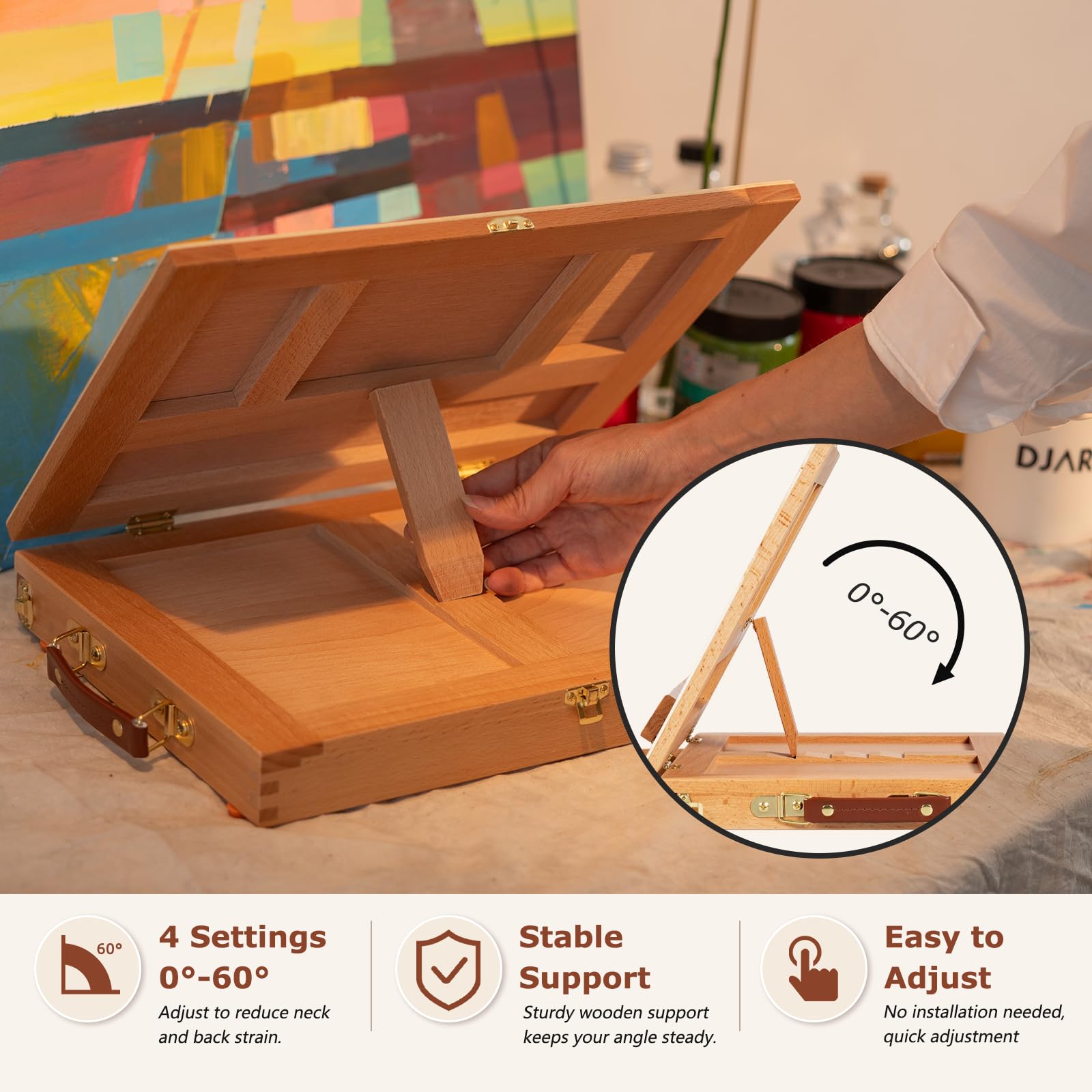 DJAR Chevalet de Table Réglable, Boîte à Croquis en Bois de Hêtre avec Tiroir de Rangement et Palette, Pour Toiles jusqu'à 28 x 36 cm, Naturel