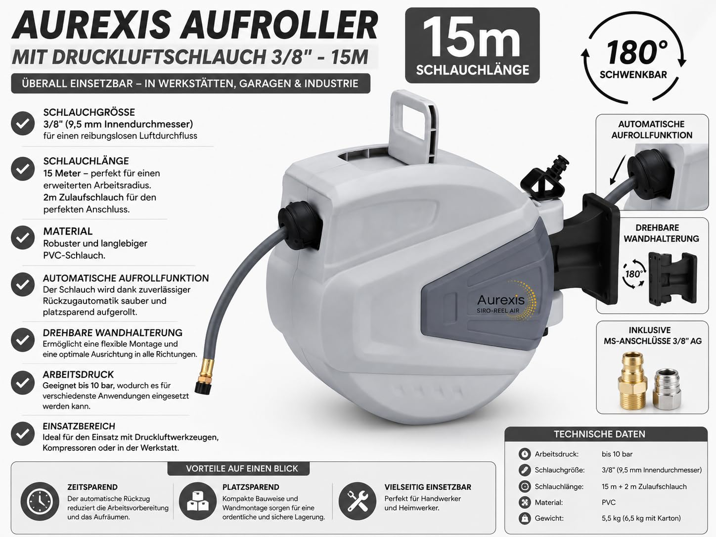 Druckluftschlauch-Aufroller, 15m Länge, 3/8 Zoll, Automatische Aufrollfunktion, Wandmontage