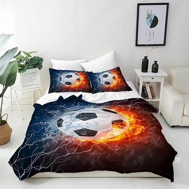 ANHOPE Football Duvet Cover Set 3 Piece Bedding Set with Sports Fire Ball Soccer 3D Print Pattern Comforter Cover with 2 Pillowcases All Season Quilt Cover with Zipper for Kids Boys Girls Single Size