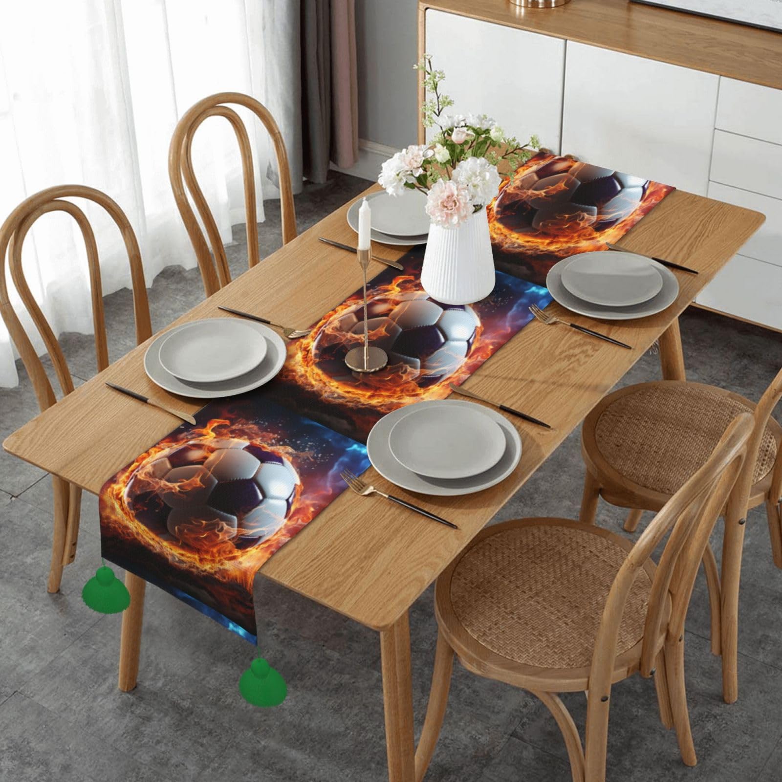 Chemin de table en lin ballon de football flamme idée cadeau déco cuisine