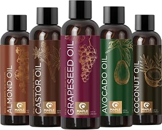 MapleHolistics Pure Carrier Oils 5pk Set: Almond, Coconut, Avocado, Grapeseed, Castor for DIY Skin Hair Nail Care Anti-Aging Moisturizers