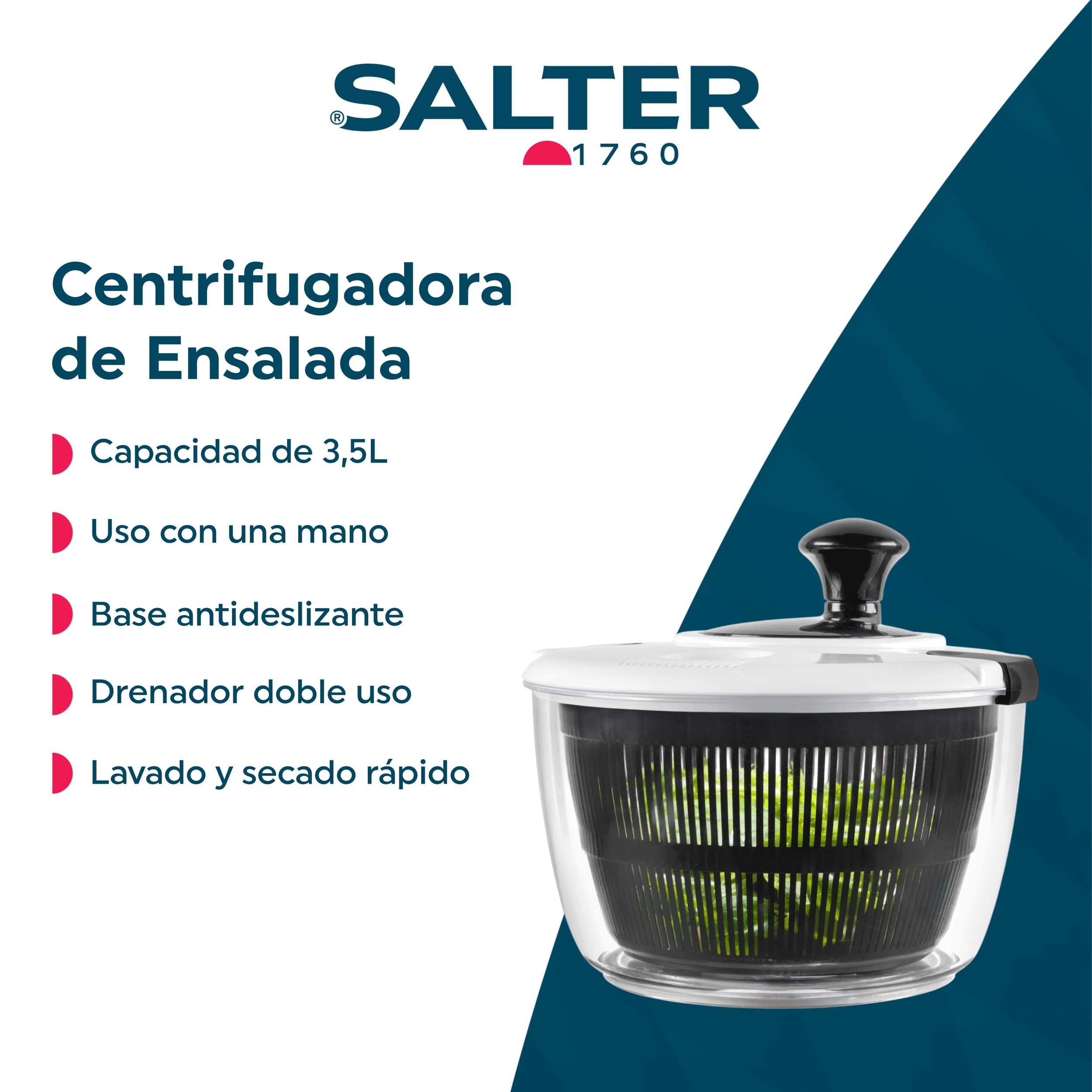 Salter BW12003EU7 Exprimidor de ensaladas - 3,5 litros, Lava, seca, sirve, prepara ensaladas, seca lechugas, base antideslizante, drenador de doble uso, comer saludable/ensaladas frescas