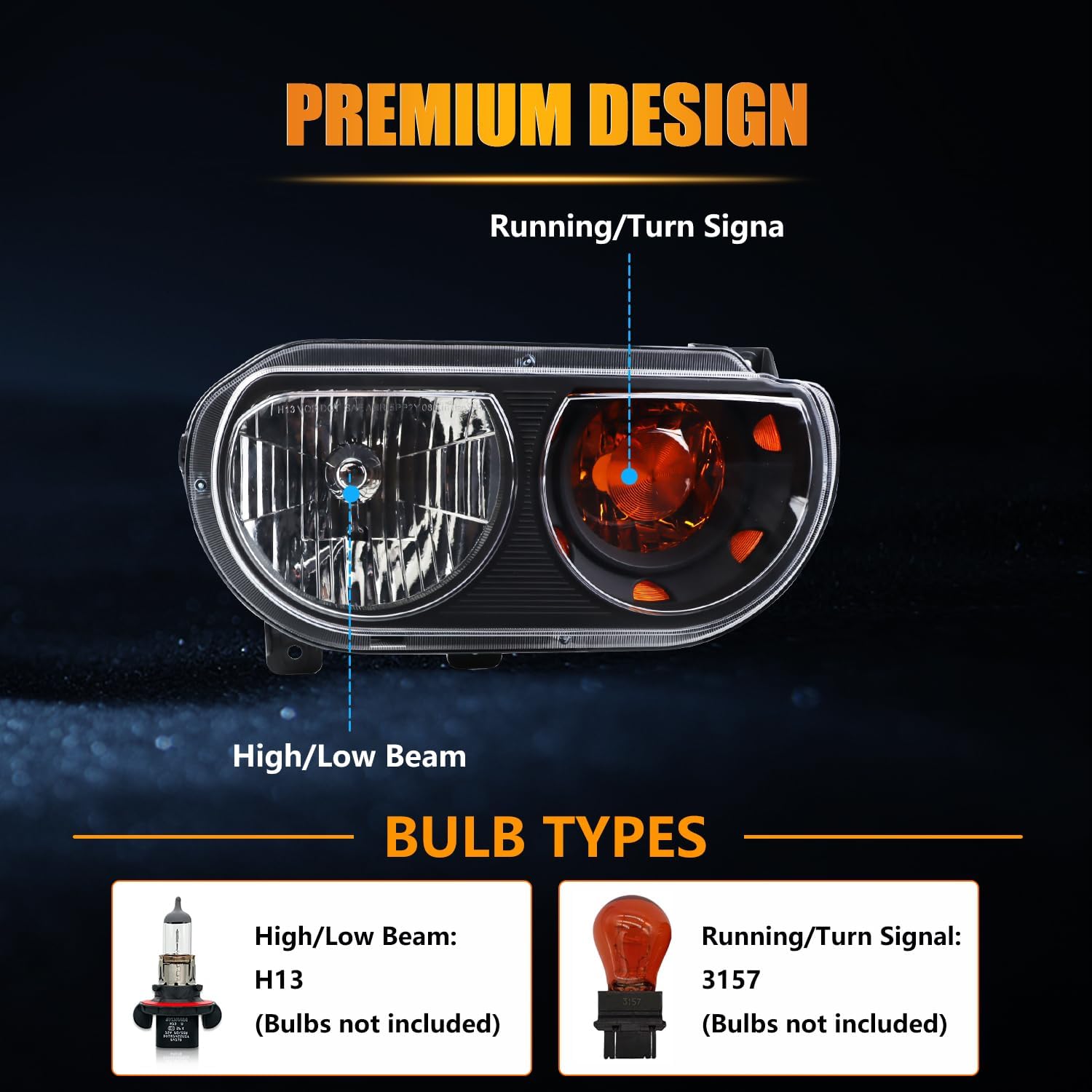 Halogen Headlight Assembly compatible with Dodge Challenger 2008-2014, Halogen Headlamps Black Housing Amber Reflector Driver & Passenger Side, 1 Pair