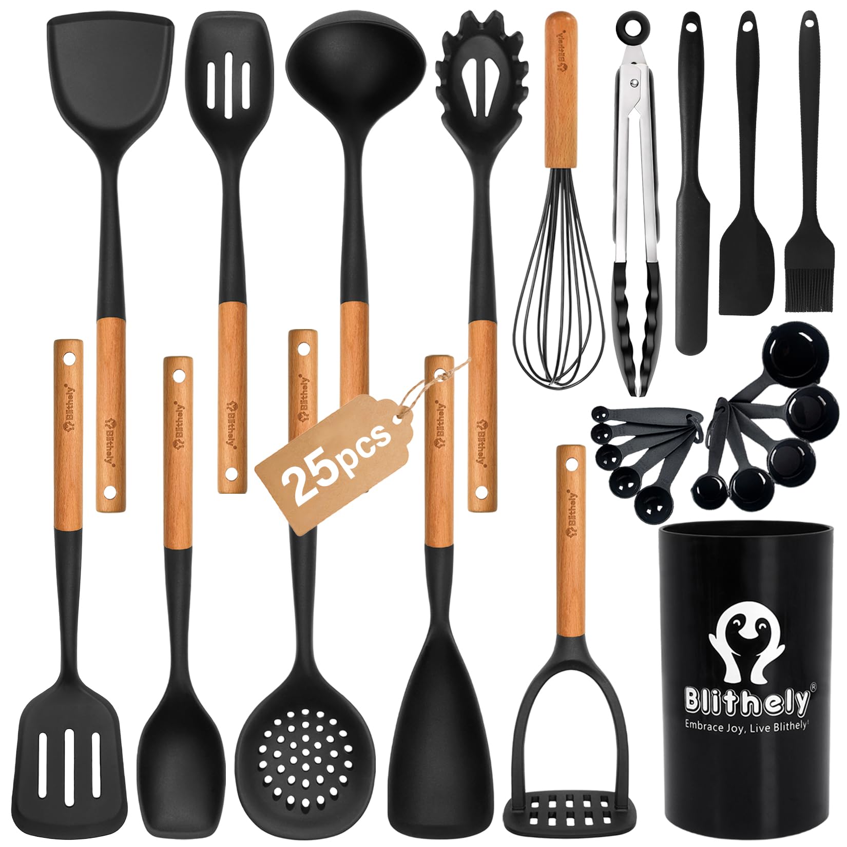 Set di utensili da cucina in silicone da 25 pezzi, con supporto, senza BPA, con manico in legno, spatole in silicone resistenti al calore con paletta per pentole antiaderenti (nero)