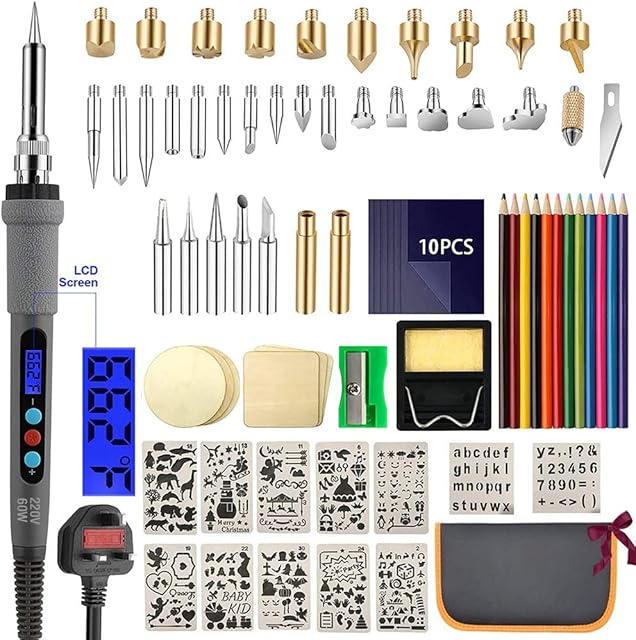 Wood Burning Kit 77Pcs, 60W LCD Adjustable Temperature Soldering Pyrography Wood Burning Set Tool Pen and Accessories,Graphics, Soldering Irons,woodburning Embossing Carving