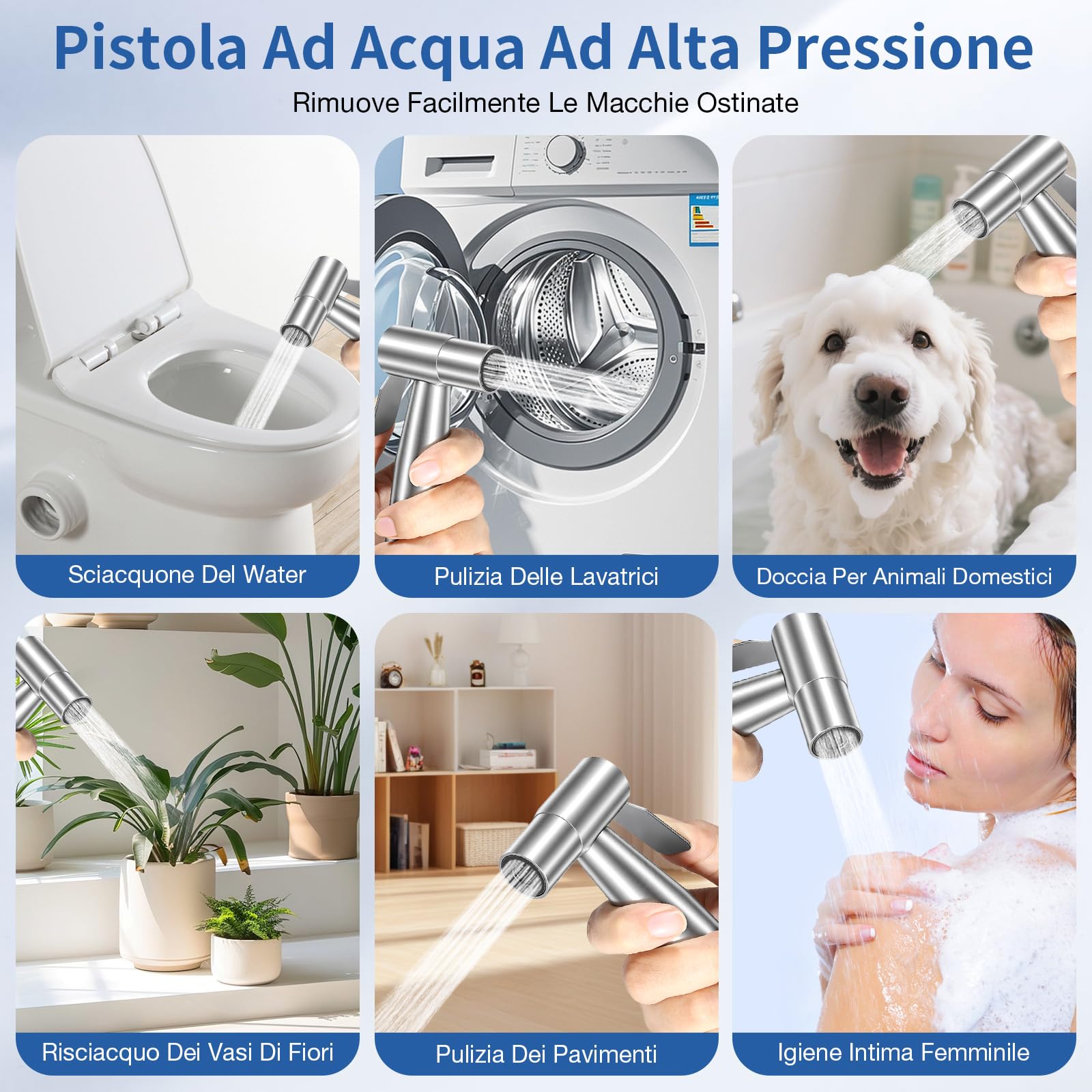 Set Doccetta per Bidet, Idroscopino per WC con Tubo Flessibile da 1,5m, Supporto & Adattatore, Facile da Installare (Argento)