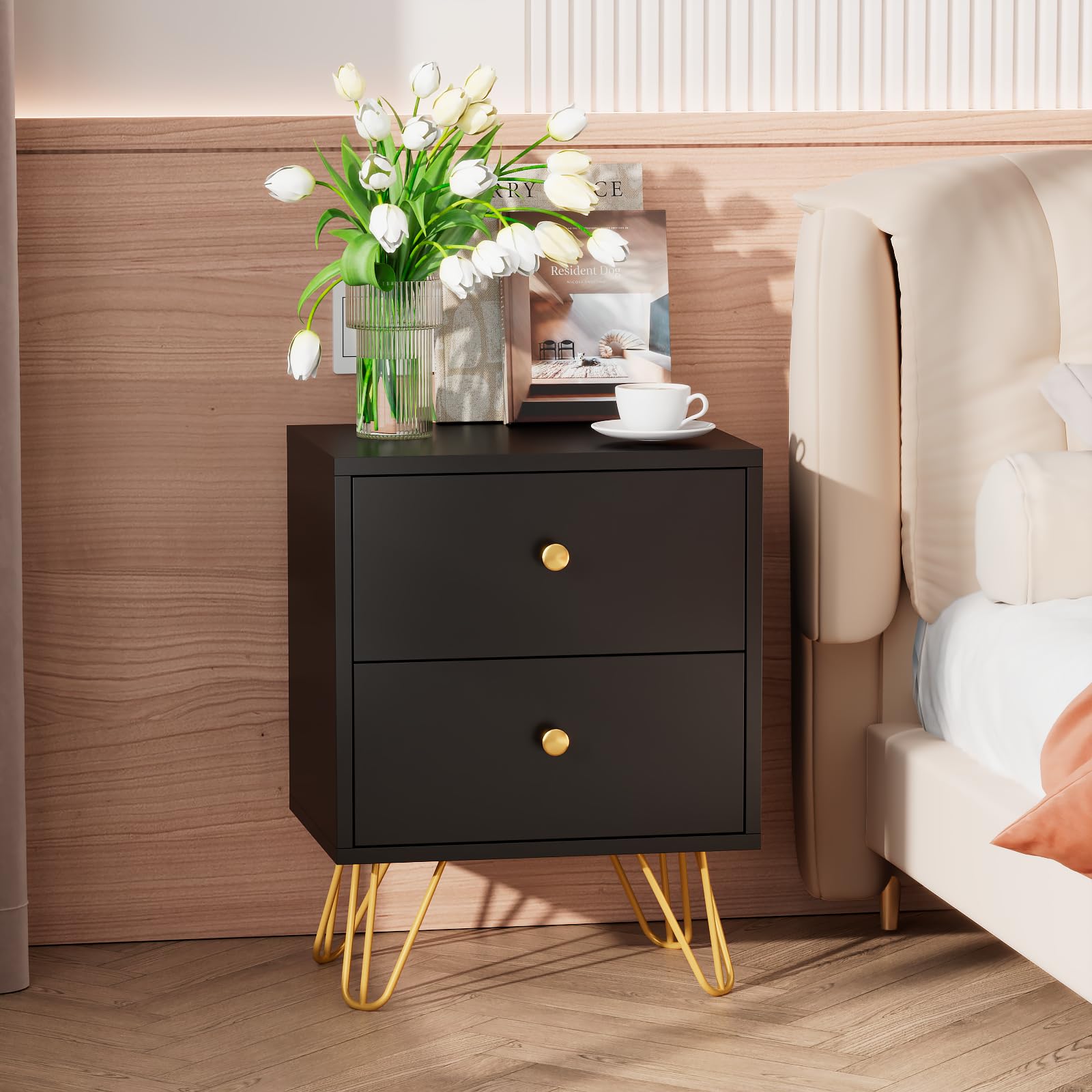 Amazon.com: Tradare Black Nightstand, Black and Gold Nightstand Set of 2, Night  Stand with Drawers, End Table with Metal Legs and Gold Handles, White Bedside  Table for Bedroom, Hallway : Home &