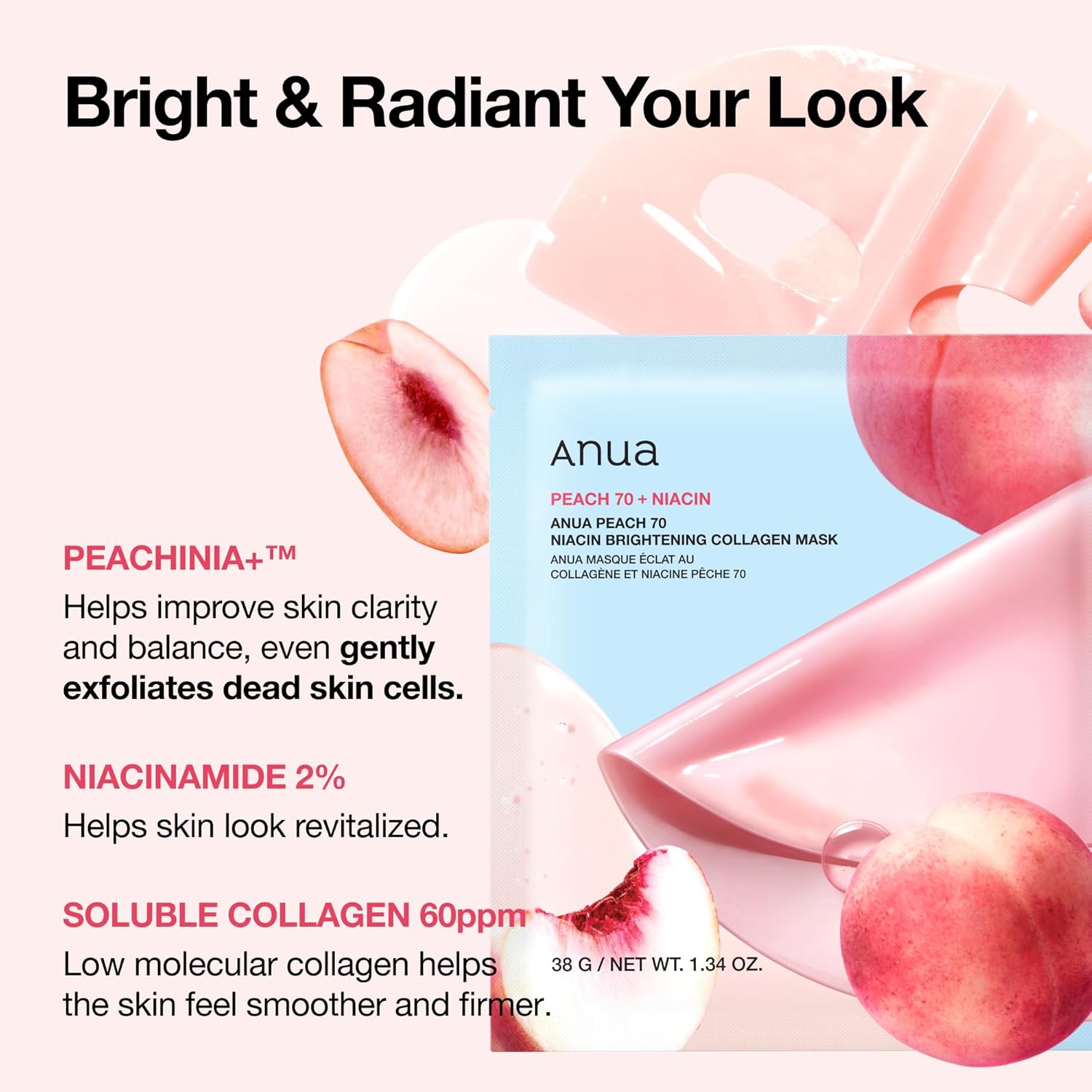 ANUA Peach 70 Niacin Brightening Collagen Mask, Overnight Face Mask for Glass Skin, Niacinamide, Collagen Facial Mask, Glow up with Hydration, Natural Color, Korean Skin Care (38g, 4ea) - Image 3