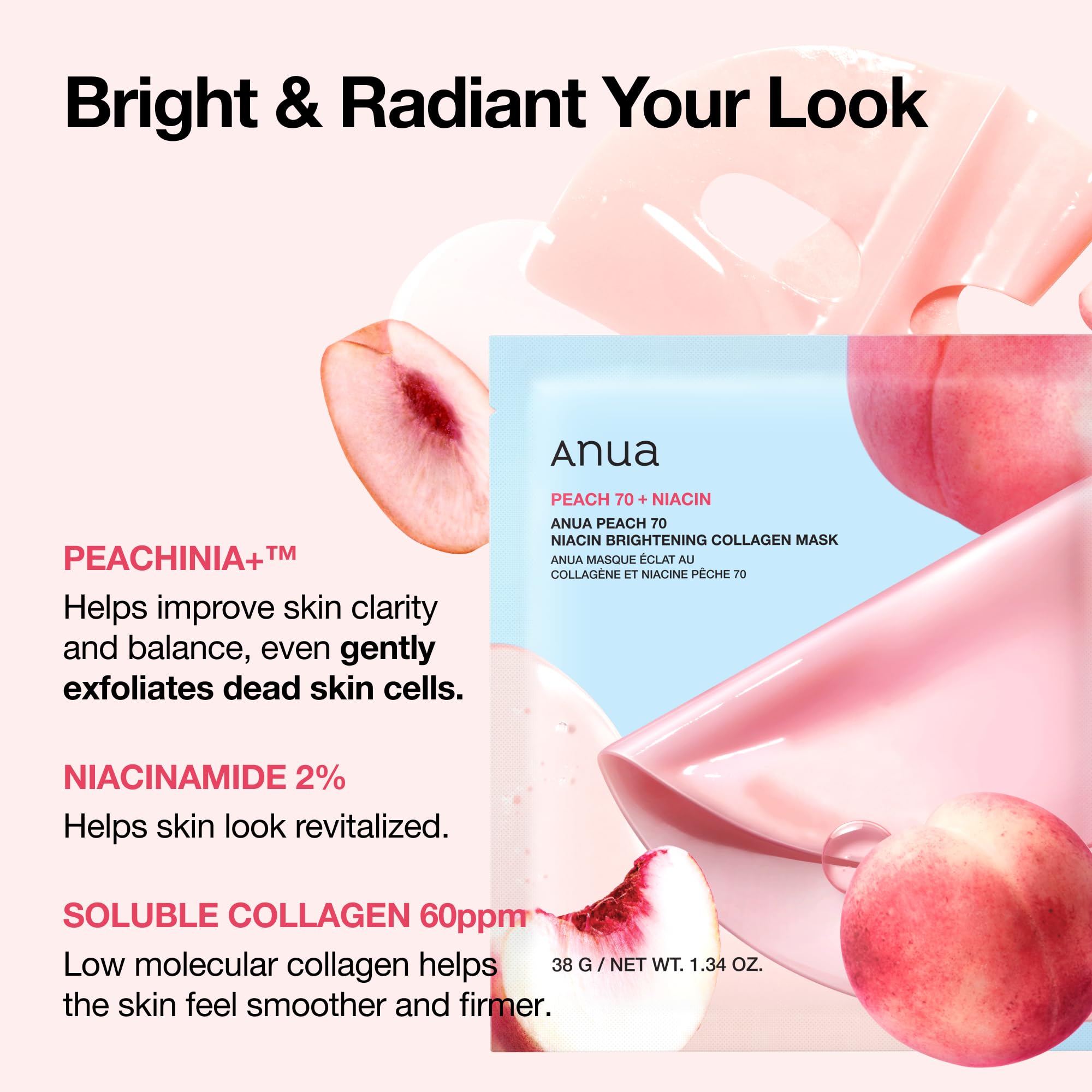 ANUA Peach 70 Niacin Brightening Collagen Mask, Overnight Face Mask for Glass Skin, Niacinamide, Collagen Facial Mask, Glow up with Hydration, Natural Color, Korean Skin Care (38g, 4ea)