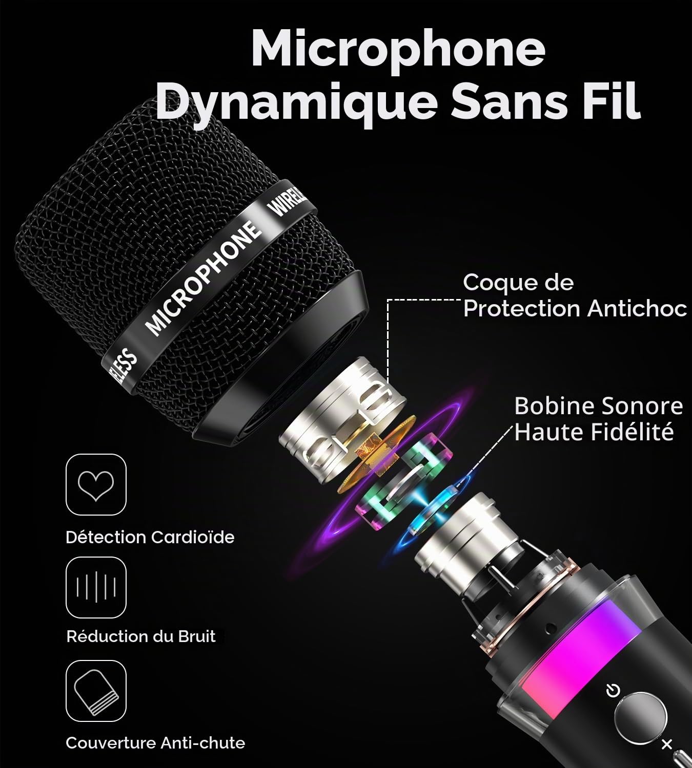 ECHOMUSSY Micro sans Fil, Double Microphone Rechargeable avec Connexion par Puce Individuelle et Voyants LED, Autonomie de 40h, Portée de Réception de 60m, Micro Karaoke pour Le Chant.