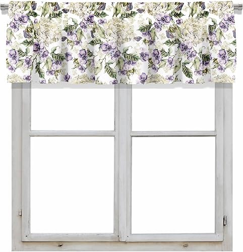 Healbrighting Cenefa de cortina corta opaca con diseño de acuarela con flores, anémonas y hortensias, bolsillo para barra, para decoración de