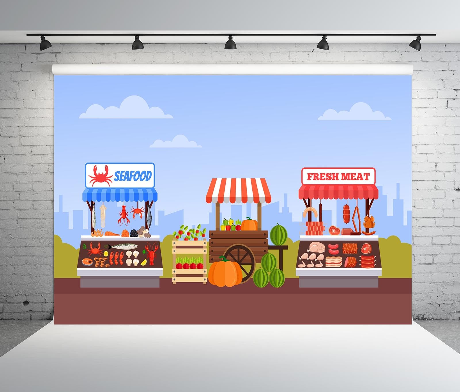 BELECO 3.6x2.5m Sfondo Tessuto Mercato-Cibo-Strada | Mercato contadino, frutta, verdura, banchi carne pesce sfondo, decorazione festa mercato agricolo telo di sfondo