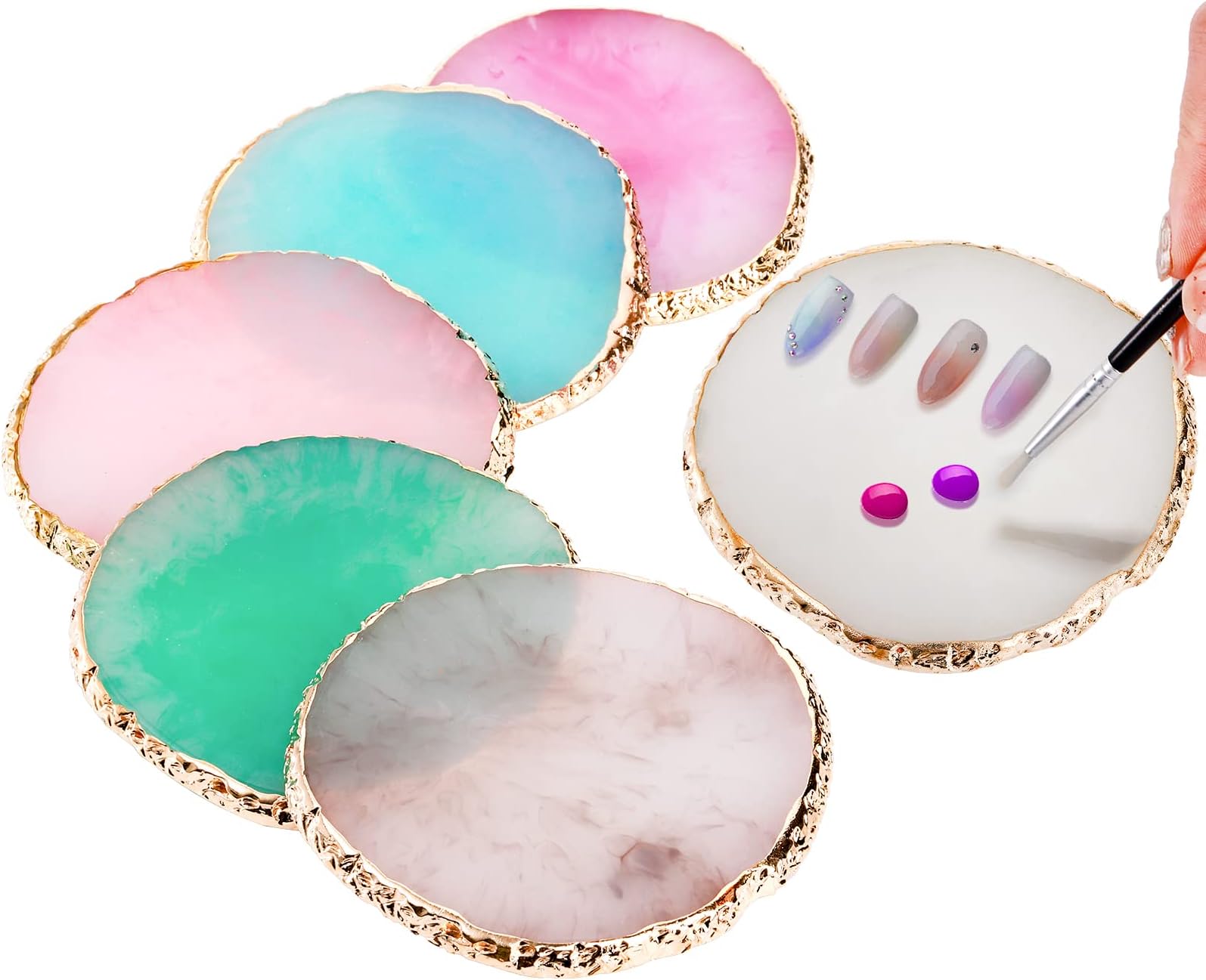 ZOOFOX6 Pieces Resin Nail Art Palette, Nail Art Painting Mixed Color Palette with Gold Edge, Nail Gel Color Makeup Display Board