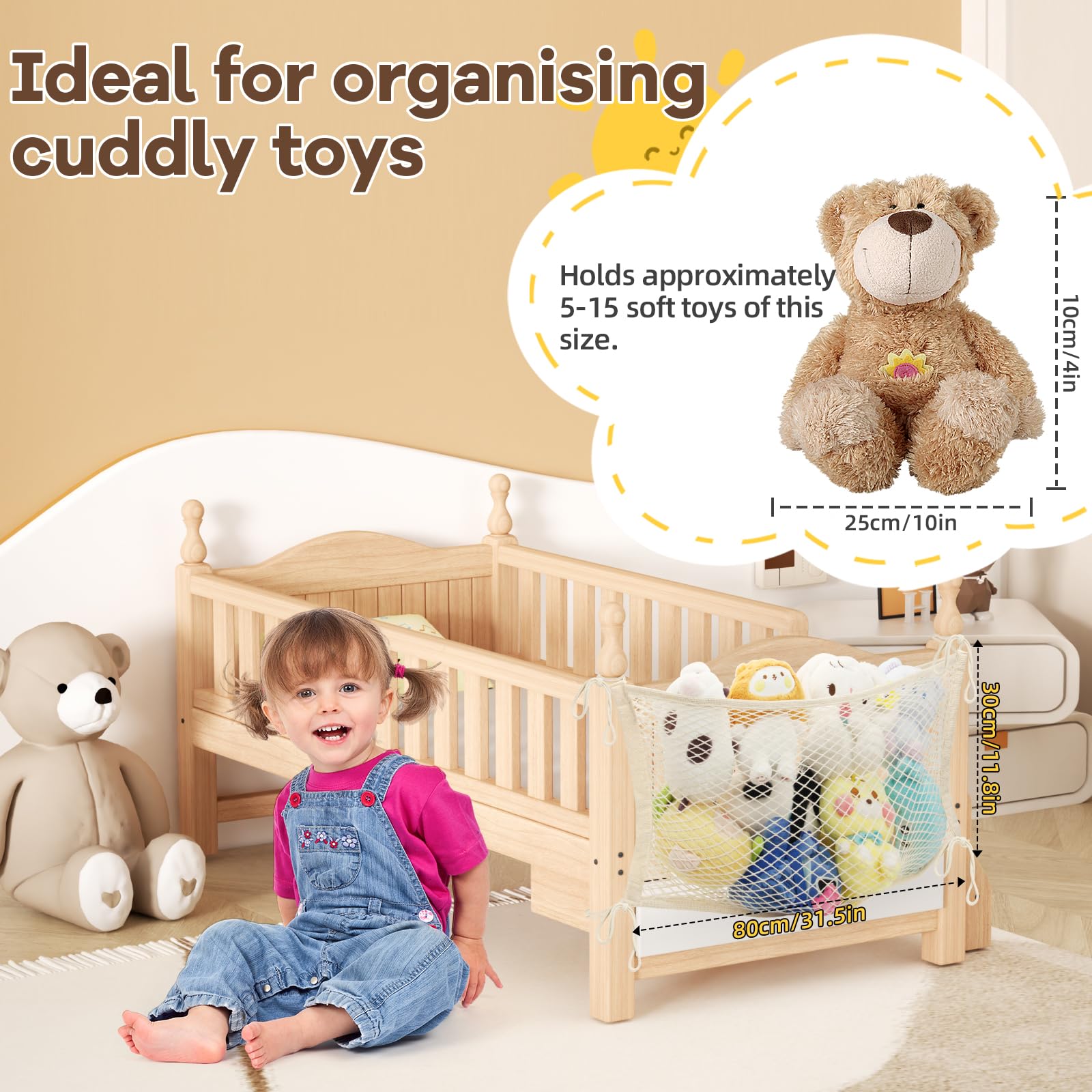 LAHAQIQI Stuffed Animal Storage Net for Kids Bedside Soft cuddly Toy Organizer Hanging Cotton Net with Tether for Bedroom(Beige, 1Pack) - Image 2