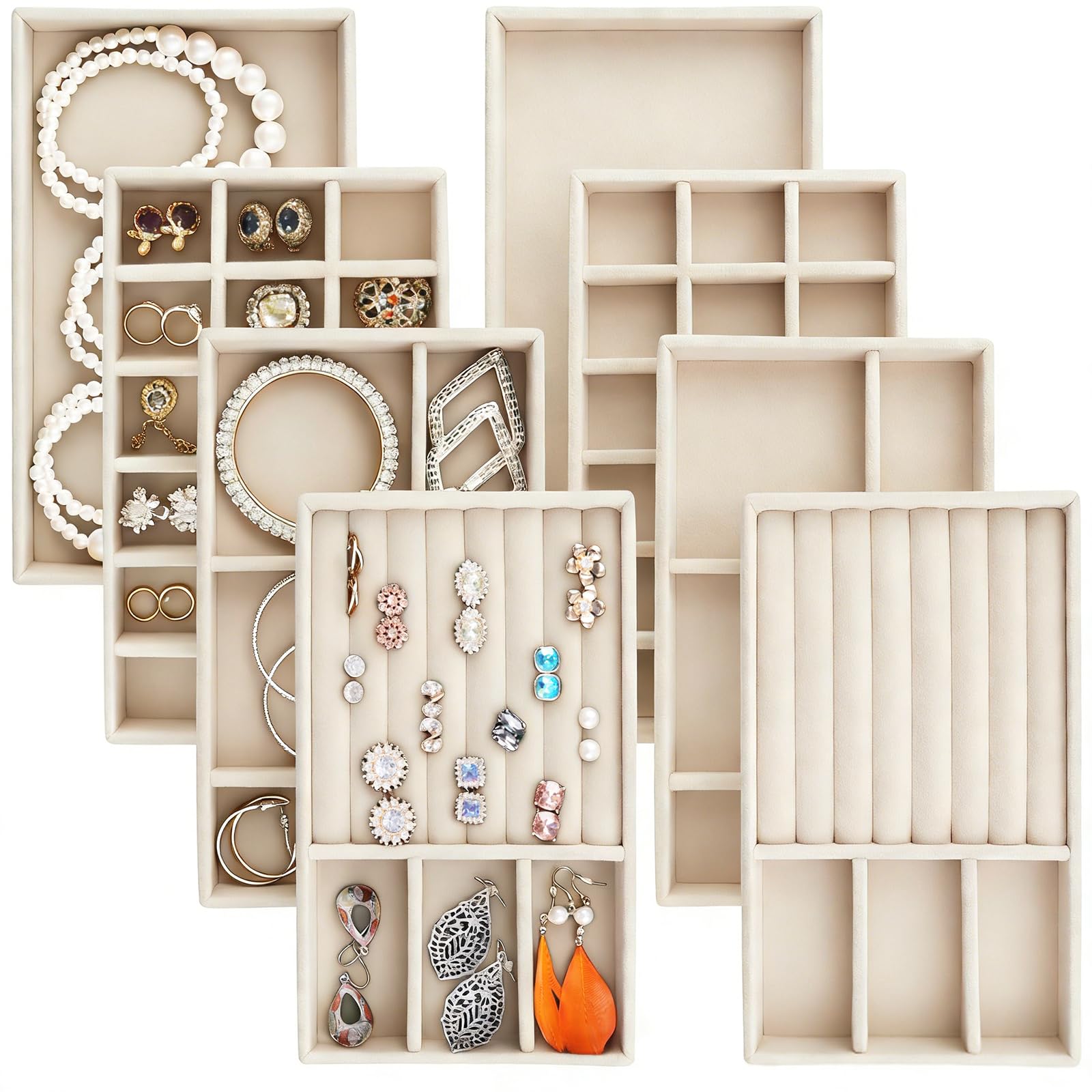Photo 1 of Afnkiom Jewelry Trays,Velvet Stackable Organizer Trays,Drawer Inserts Jewelry Display Case For Rings Stud Necklaces Earring Organizer Tray for Women Girls-8 Pack (Beige)