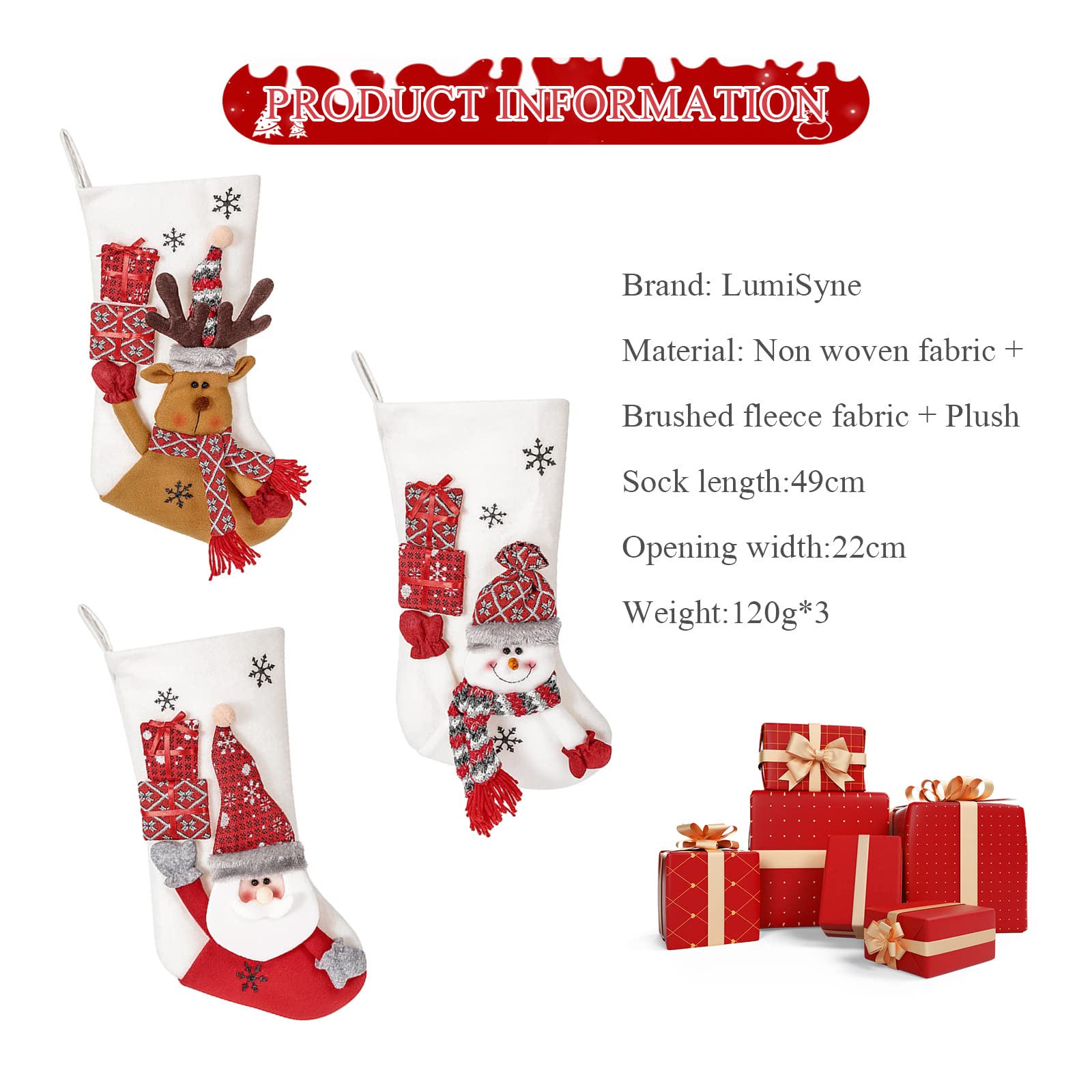 LumiSyne 3er Set Weihnachtsstrumpf 49cm Groß Nikolausstiefel Weiß Plüsch Mit Weihnachtsmann, Schneemann, Rentier Weihnachtssocken Geschenktüte Hängende Strümpfe Für Kamin Weihnachtsbaum Weihnachtsdeko