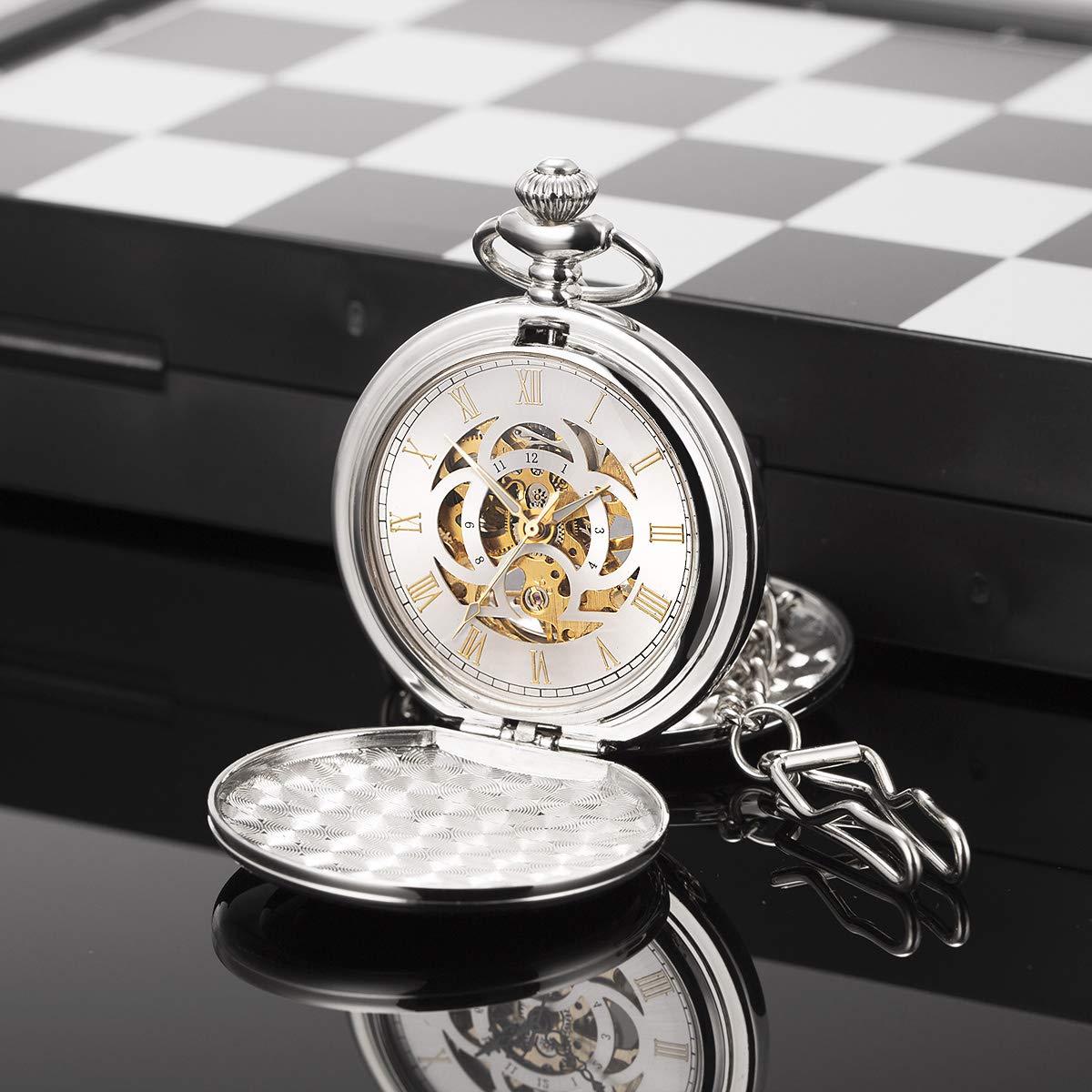 ManChDa Taschenuhr – Taschenuhr-Kette, doppelte Abdeckung, mechanische Taschenuhren für Herren, Steampunk-Skelett, antike römische Ziffern, Taschenuhr zum Aufziehen + Geschenkbox