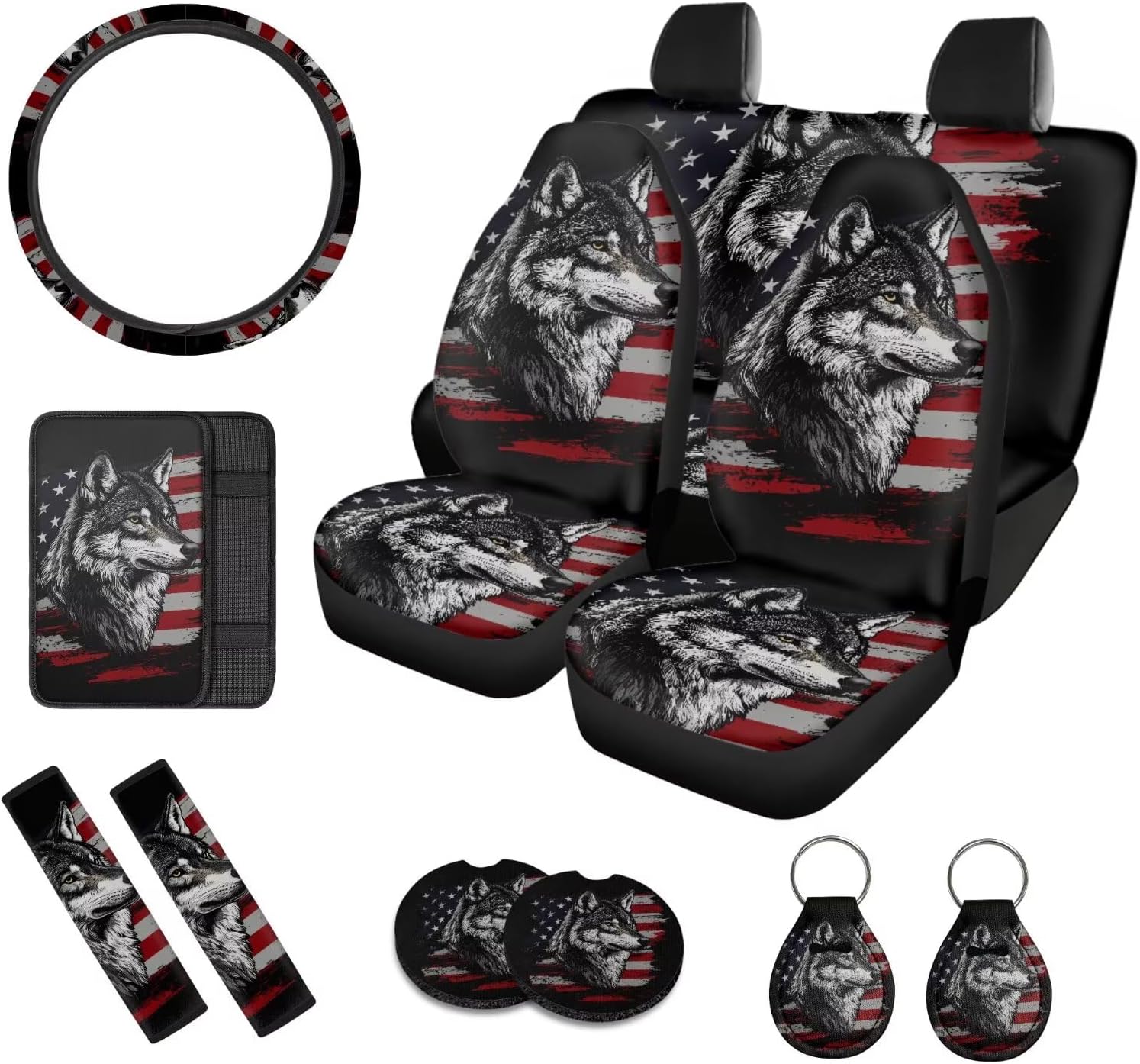 Wolf Printed 15 Pcs Car Seat Cover Set, American Flag Printed Auto Accessories Set Front Rear Seat Covers with Car Armrest Pads Steering Wheel Protector