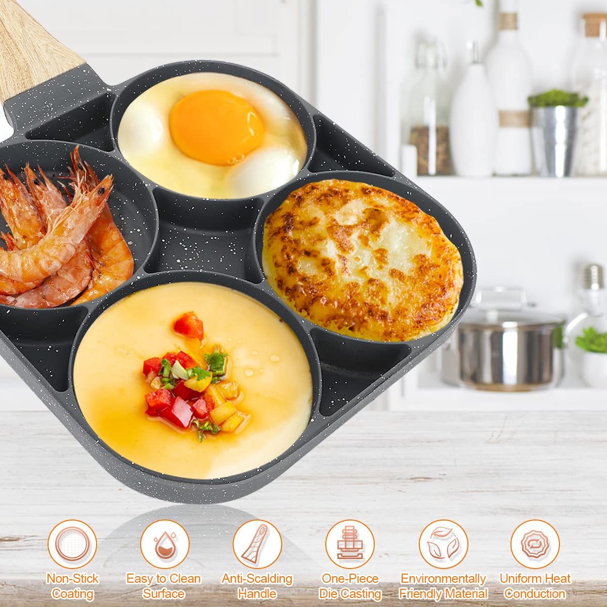 RANJIMA Poêle à Crêpes 4 Emplacements, Antiadhésive, avec Poignée en Bois Isolée pour pour Petit-Déjeuner Oeuf au Plat Hamburger, Omelette, Pancake, Cuisinière à Induction/Gaz