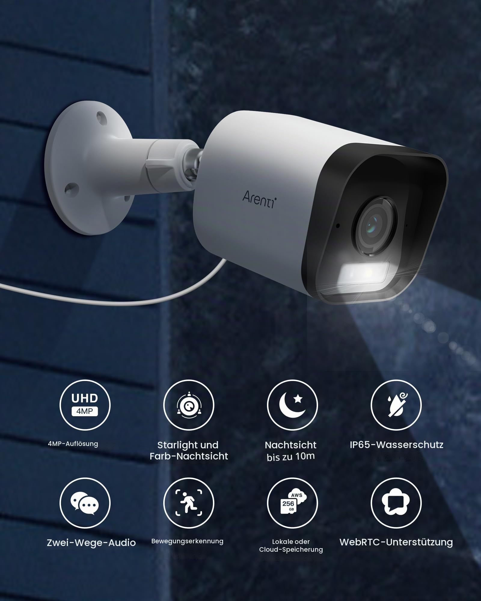ARENTI 2.5K/4MP Überwachungskamera Aussen, 2.4G WLAN Kamera Überwachung Aussen mit APP, Vollfarb-Nachtsicht, Bewegungs-/AI-Mensch-Erkennung, 2-Wege-Audio, IP65, Außenkamera Kompatibel mit Alexa, 2PC