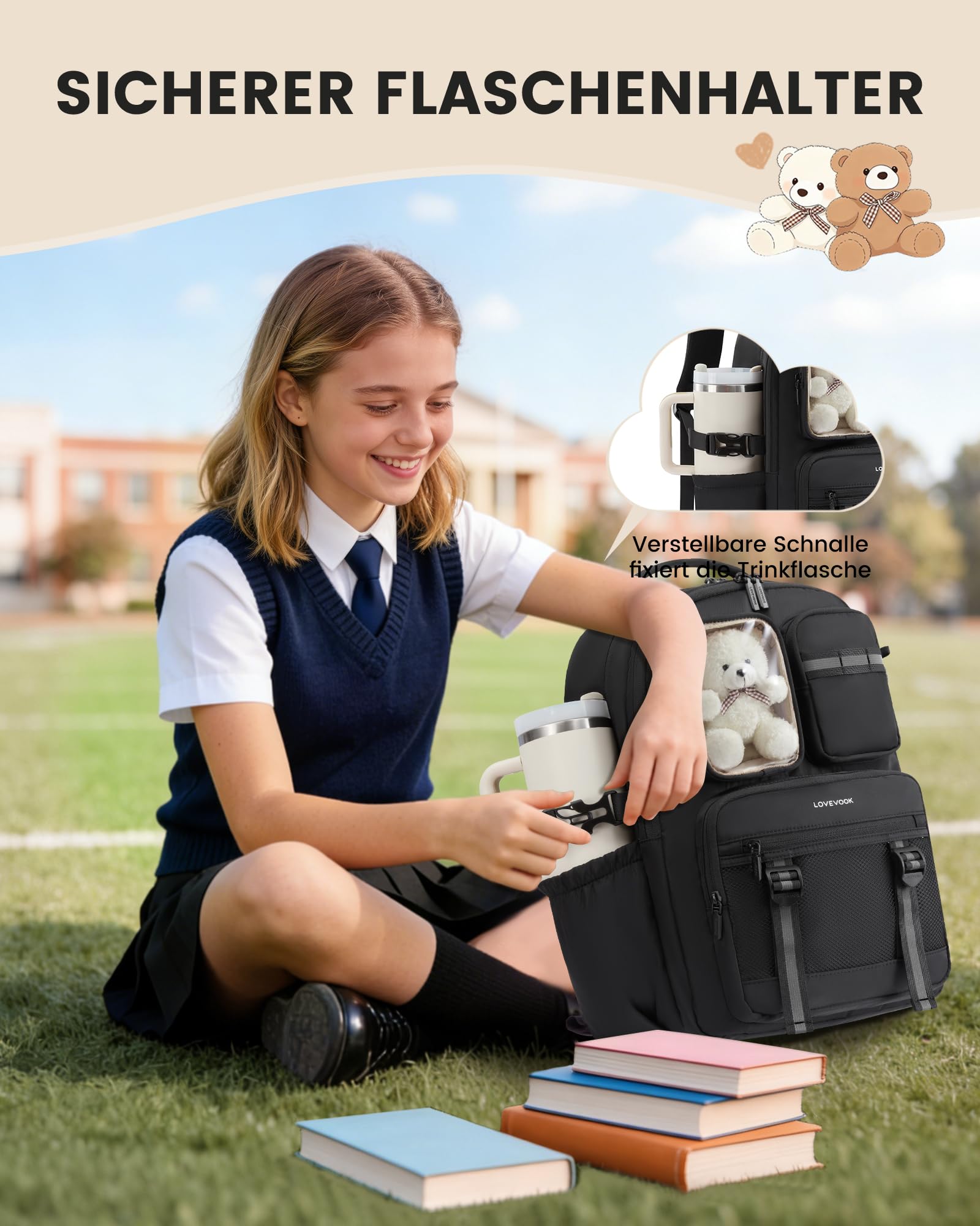 LOVEVOOK Schulrucksack Teenager Mädchen 7-16 Jahre, Schultasche mit Plüschbär & Sichtfenster, Passend für 15,6 Zoll Laptop & 1,2L Trinkflasche, Schulranzen Rucksack für Grund- & Weiterführende Schule