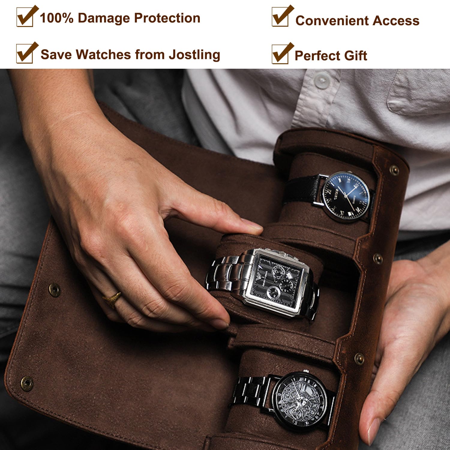 Acidea Reiseetui aus echtem Leder, Reise-Uhrenetui für Herren, 3-Wege-Rolletui für Armbänder, tragbarer Uhren-Aufbewahrungs-Organizer mit abnehmbaren Kissen