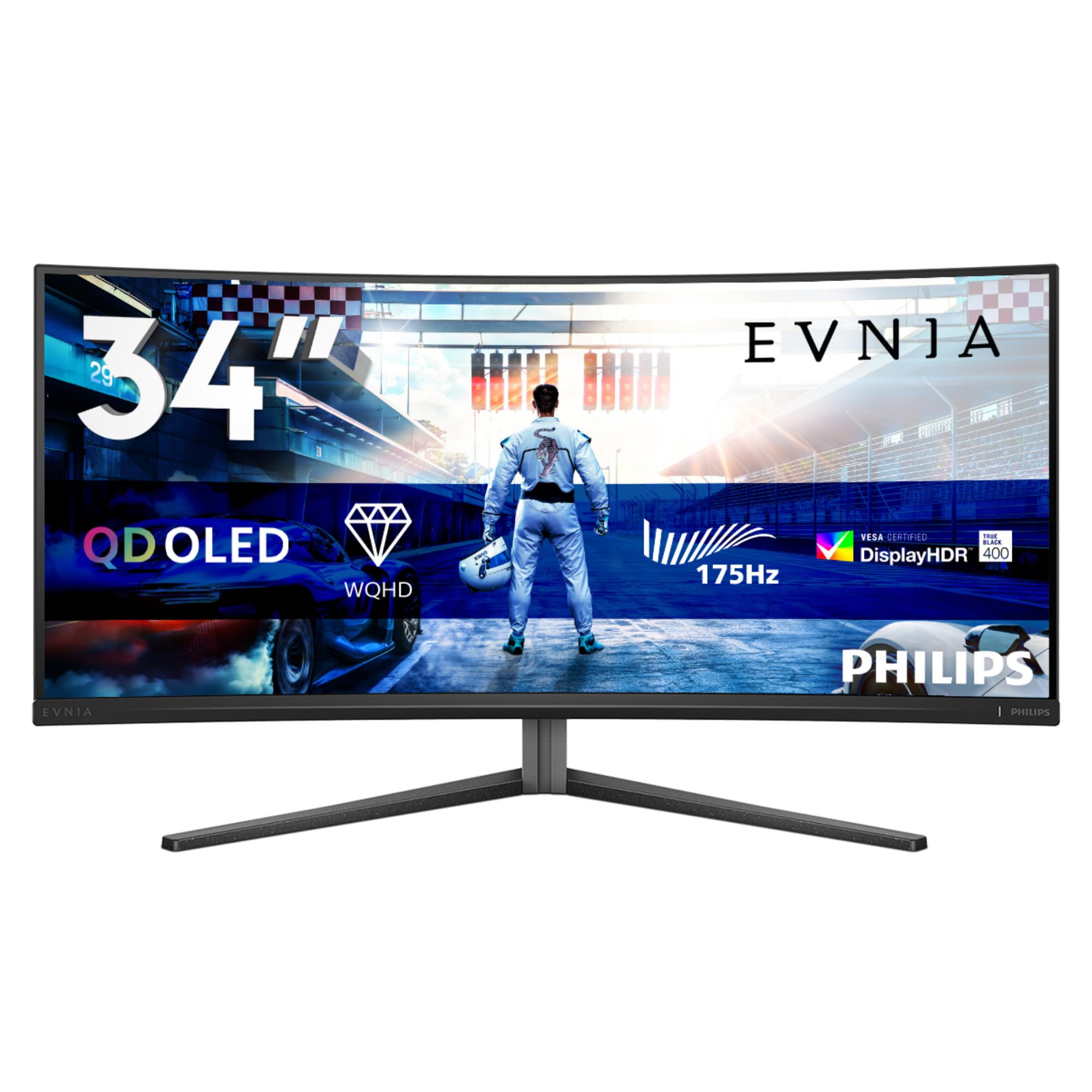 PHILIPS Evnia 34M2C6500 - Moniteur de Jeu incurvé OLED WQHD de 34 Pouces, 175 Hz, 0,03 ms, HDR400, Ambiglow, FreeSync Premium Pro, G-Sync comp. (3440x1440, 2X HDMI, DisplayPort, Hub USB) Gris foncé