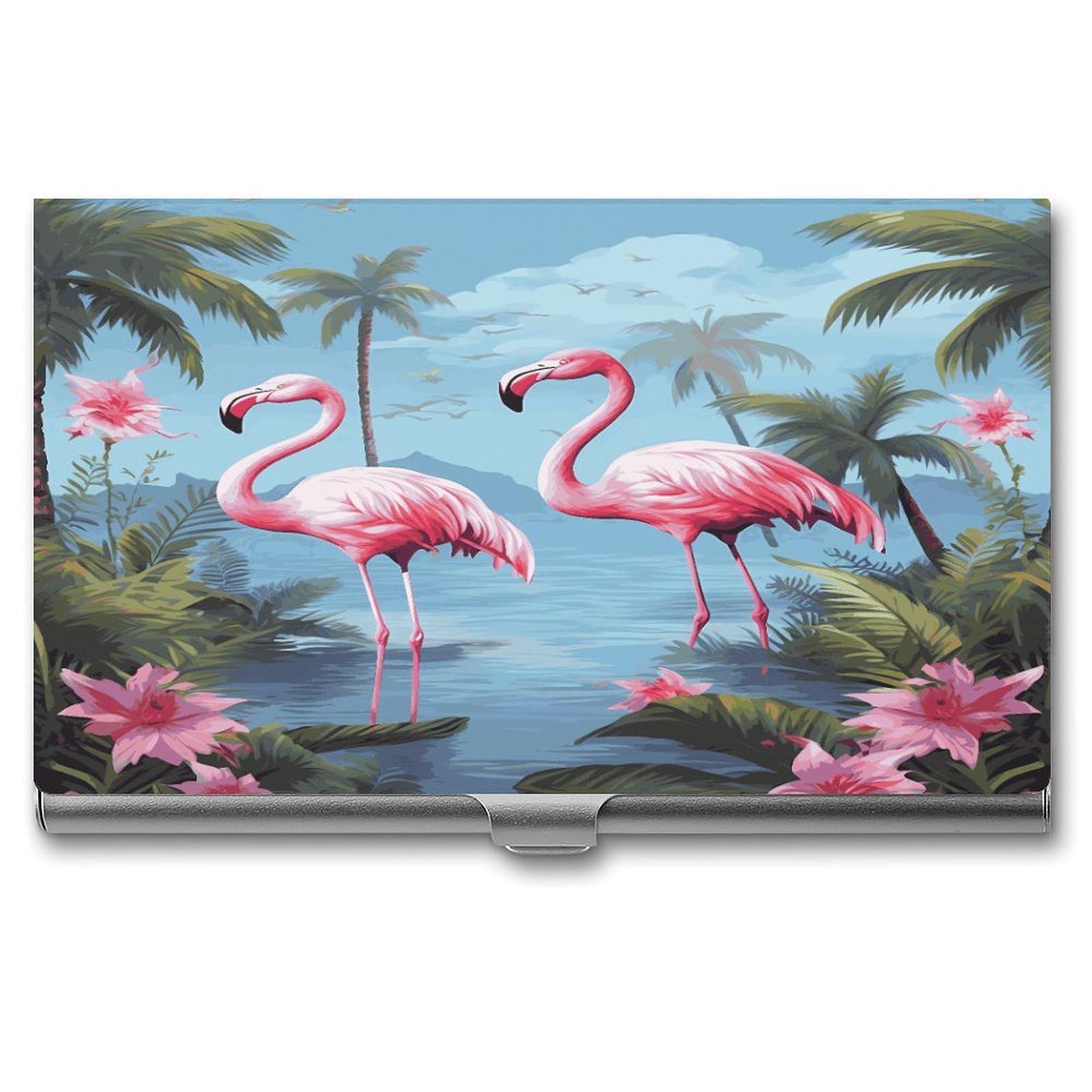 LDGSUPH Tropical Flamingos Business Card Holder Fashion Slim Name Card Holder Minimalist Design Case Metal Card Carrier Personalized Business Card Case with Flip for Men Women