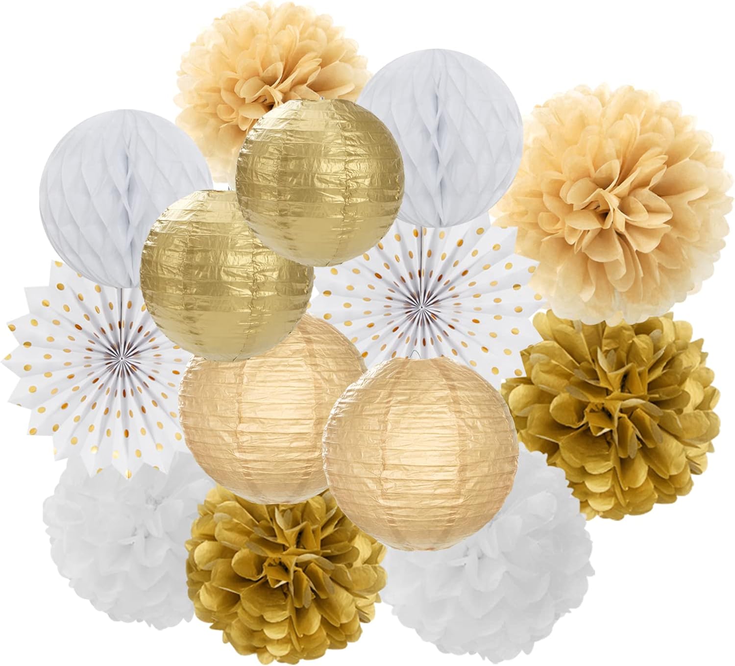 White Gold Party Decorations Streamers - 14pcs Christmas Wedding Engagement Paper Lanterns Fan,Tissue Pom Poms,Honeycomb Balls,Bachelorette Neutral Birthday Baby Bridal Shower Decor Lasting Surprise