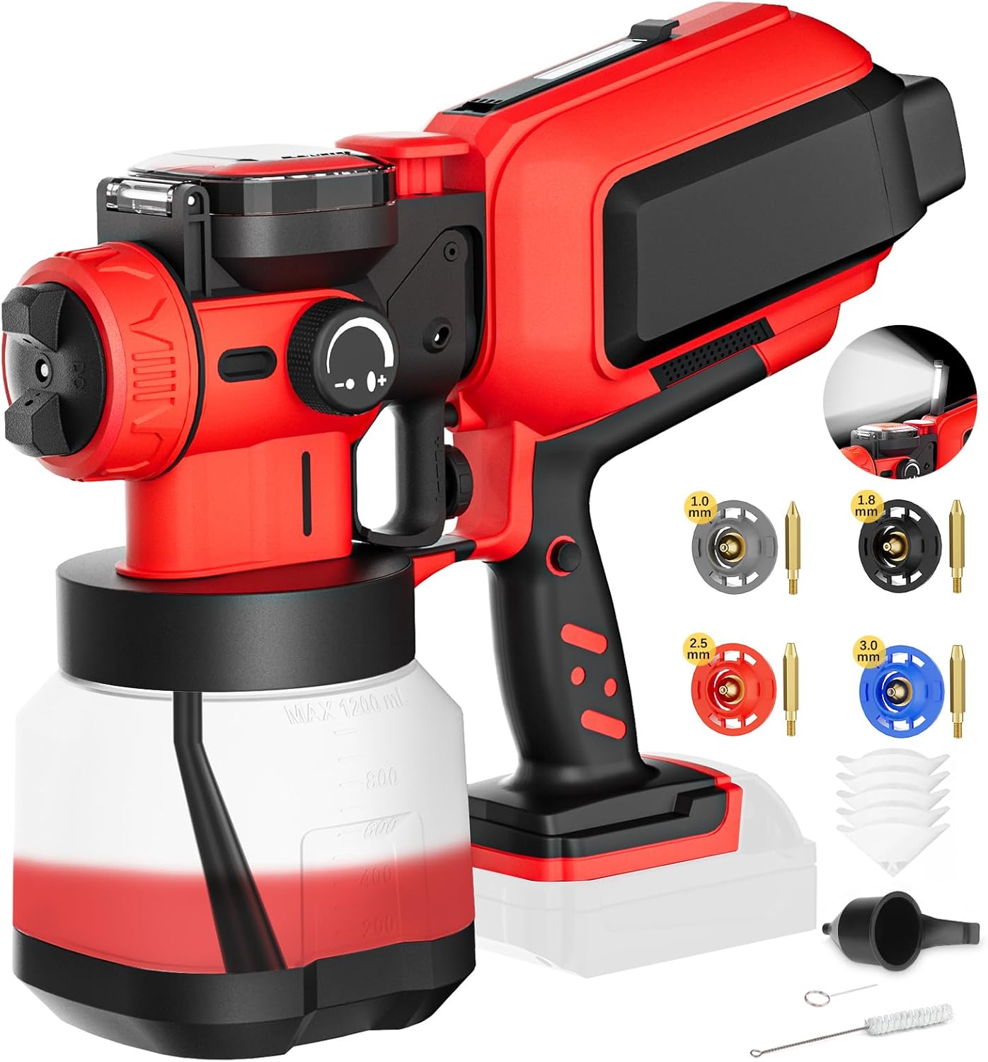 Paint Sprayer Cordless Compatible for Milwaukee18V Battery, 70000PRM Electric Paint Sprayer for Furniture Fence Cabinets Wall House Painting, AUTO Spraying, 1200ml Container & 4 Nozzles (No Battery)