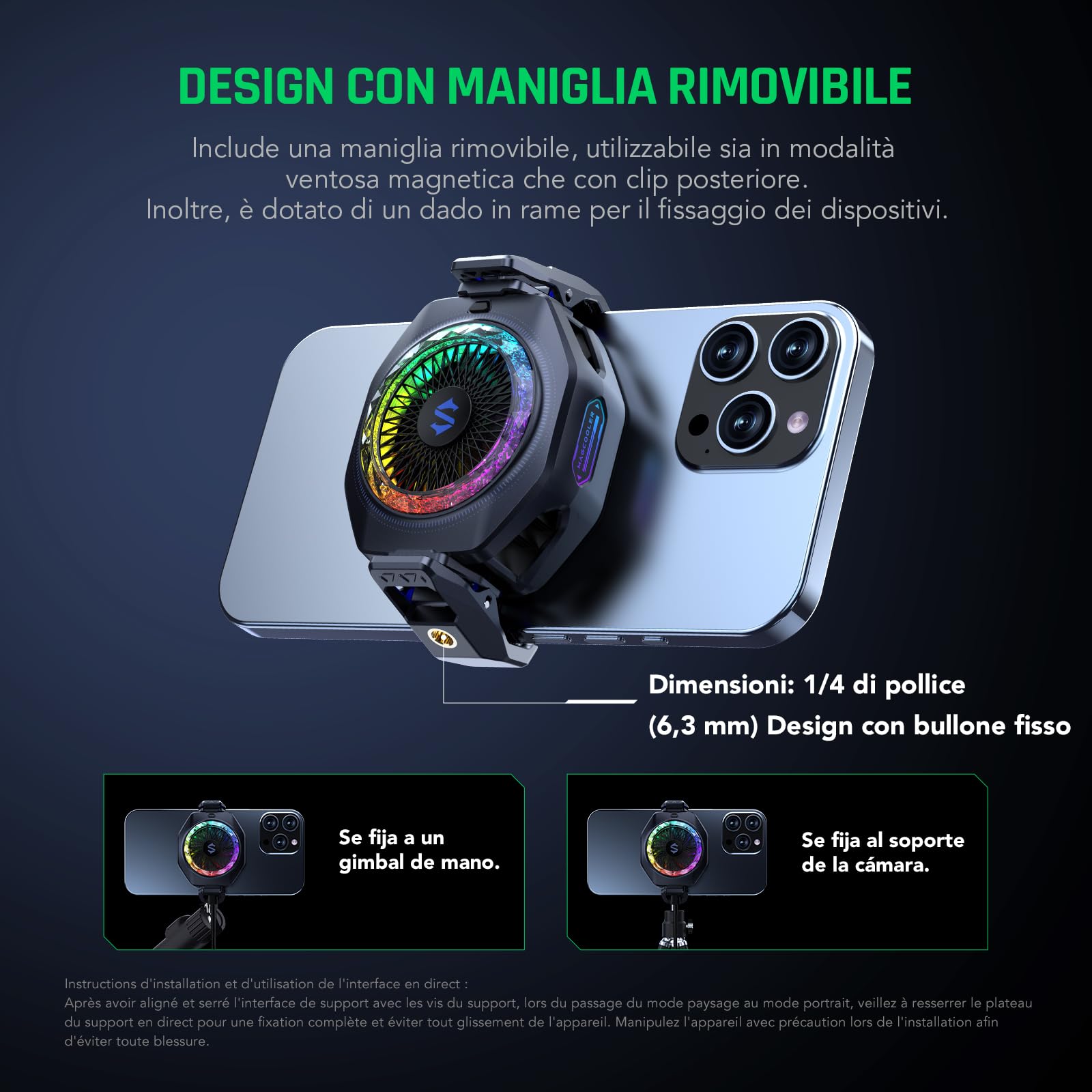 Enfriador magnético para teléfono Black Shark 5 Pro: 18 LED RGB direccionables, empuñadura desmontable, ventilador termostático controlado por aplicación para iPhone MagSafe/Android/iPad