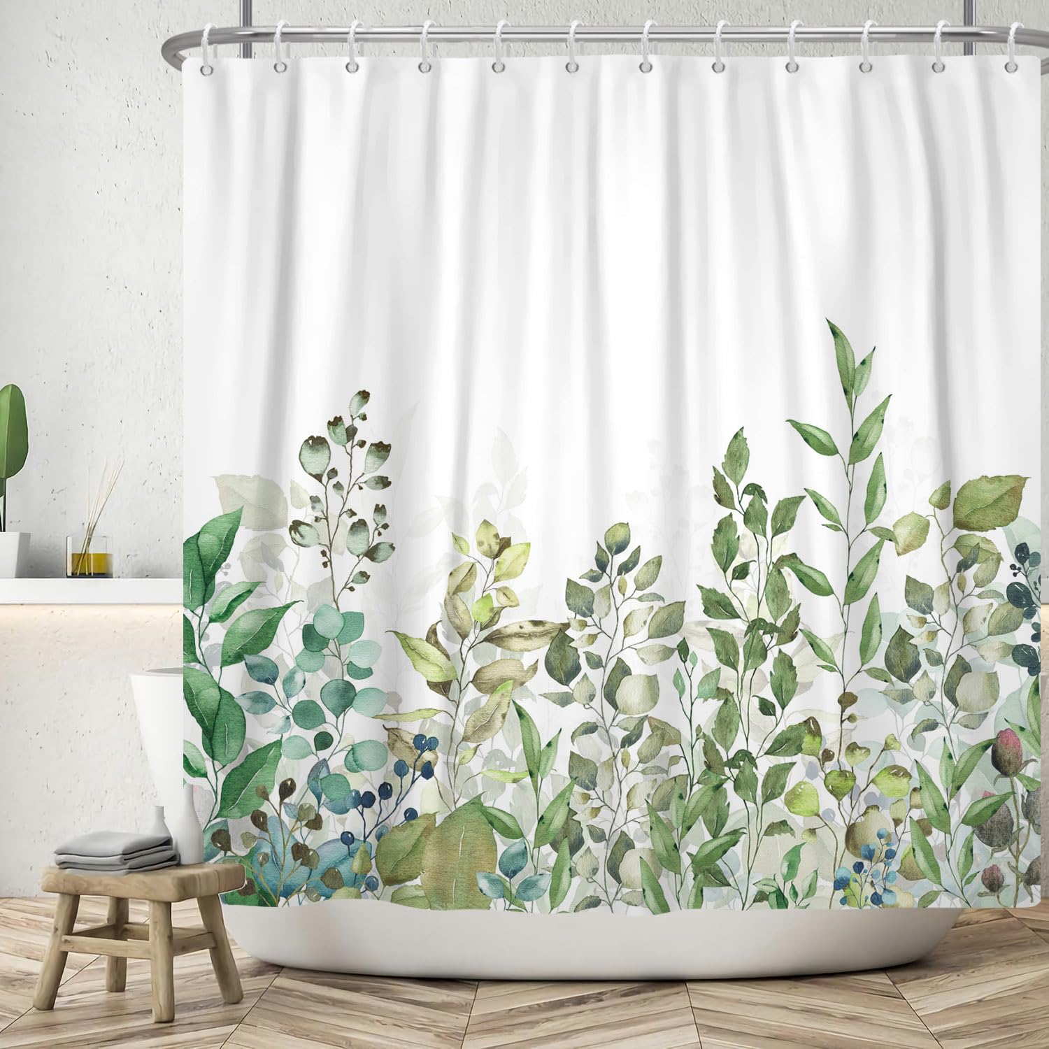 Cortina de Ducha de Hojas 180x200 cm, Primavera Hojas Azules Verdes Hojas de Eucalipto Cortinas de baño Lavables Tela de Cortina Ducha de baño Impermeable con 12 Ganchos