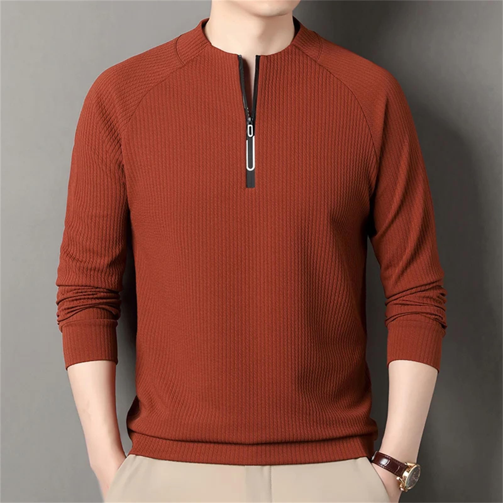 T-shirt da uomo con colletto rialzato, mezza zip, leggera, traspirante, a maniche lunghe, casual, alla moda, vestibilità larga