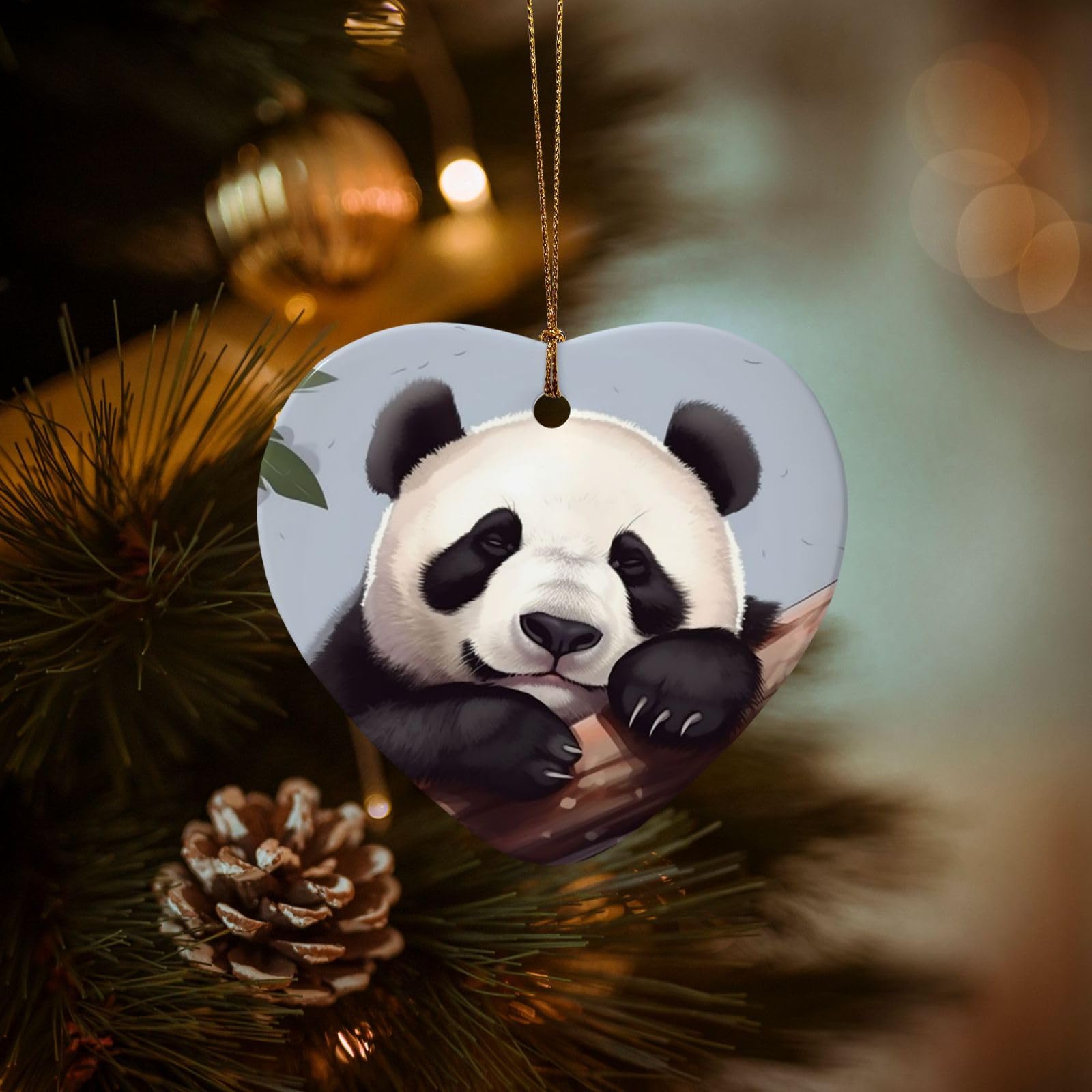 Christmas Tree Ornaments Ceramics Christmas Decorations Cute Sleeping Panda Ornaments with Gold Ribbon Porcelain Xmas Tree Crafts Heart Shape Hanging Pendant for Christmas Tree Party Decor