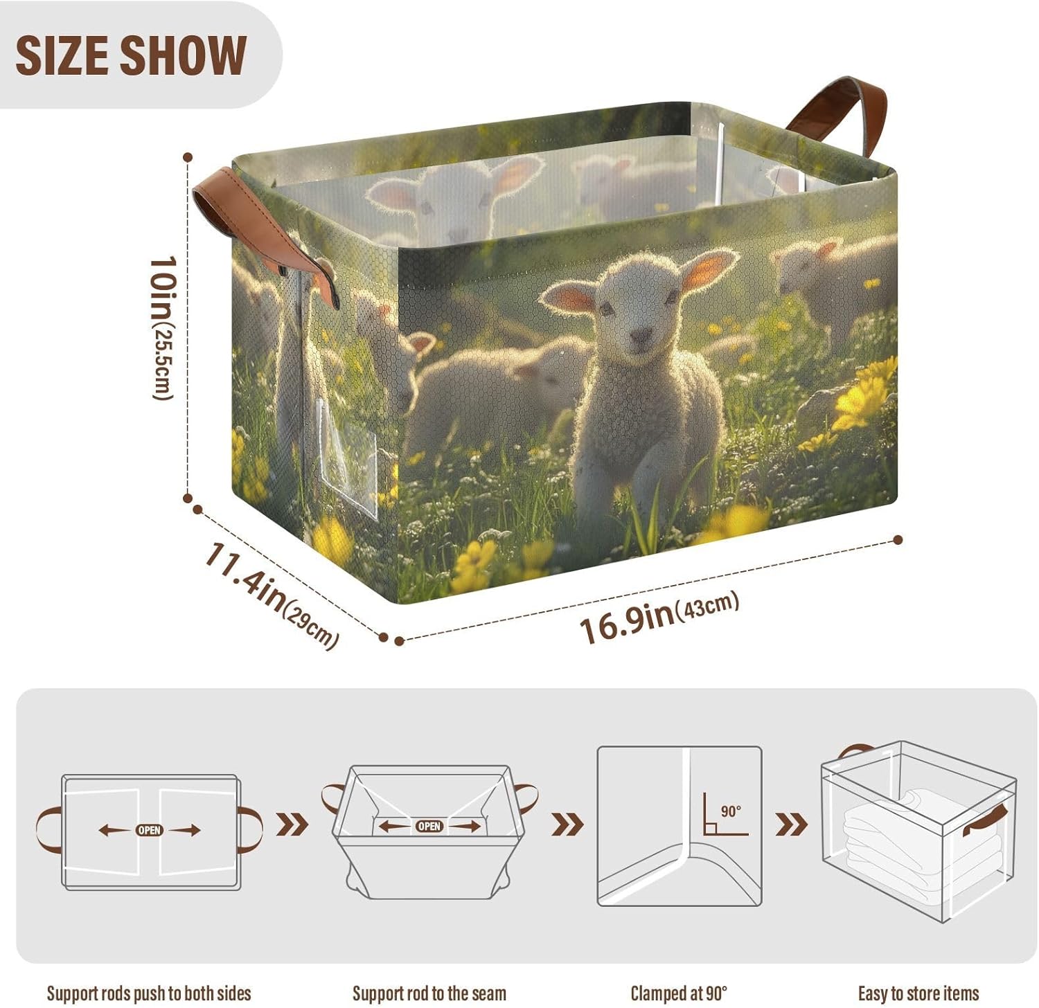Large Storage Basket Lamb in The Meadow Foldable Storage Box Organizer Bins with Handles for Shelves Home Office, 2PCS