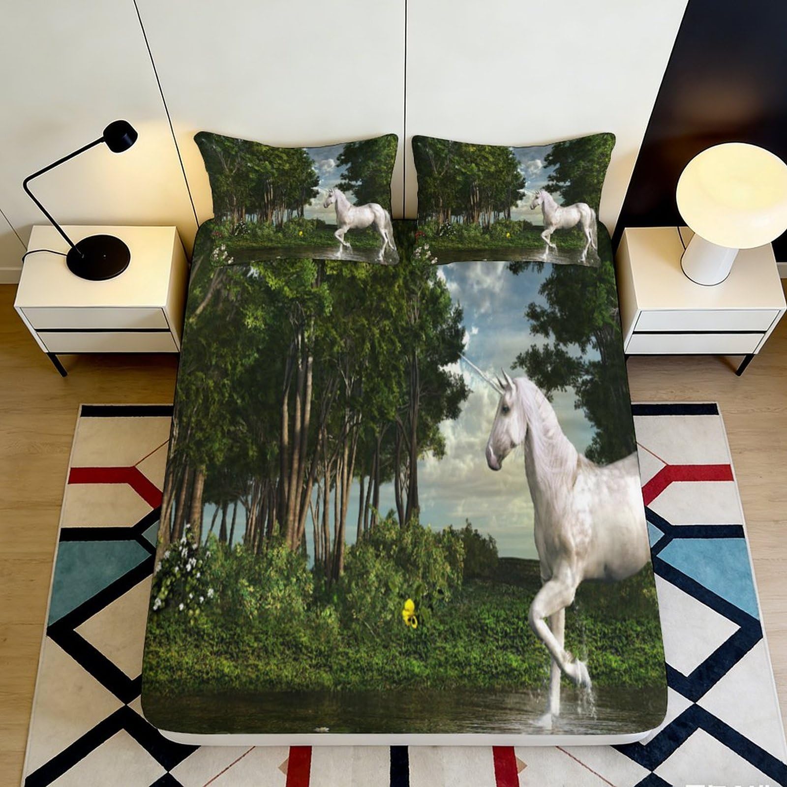 3D Printed Unicorn Forest Fitted Sheet Microfiber Non-Slip Deep Pocket Unicorn Mattress Fitted Cover for Adult Bedroom Bedding 200x200x25cm