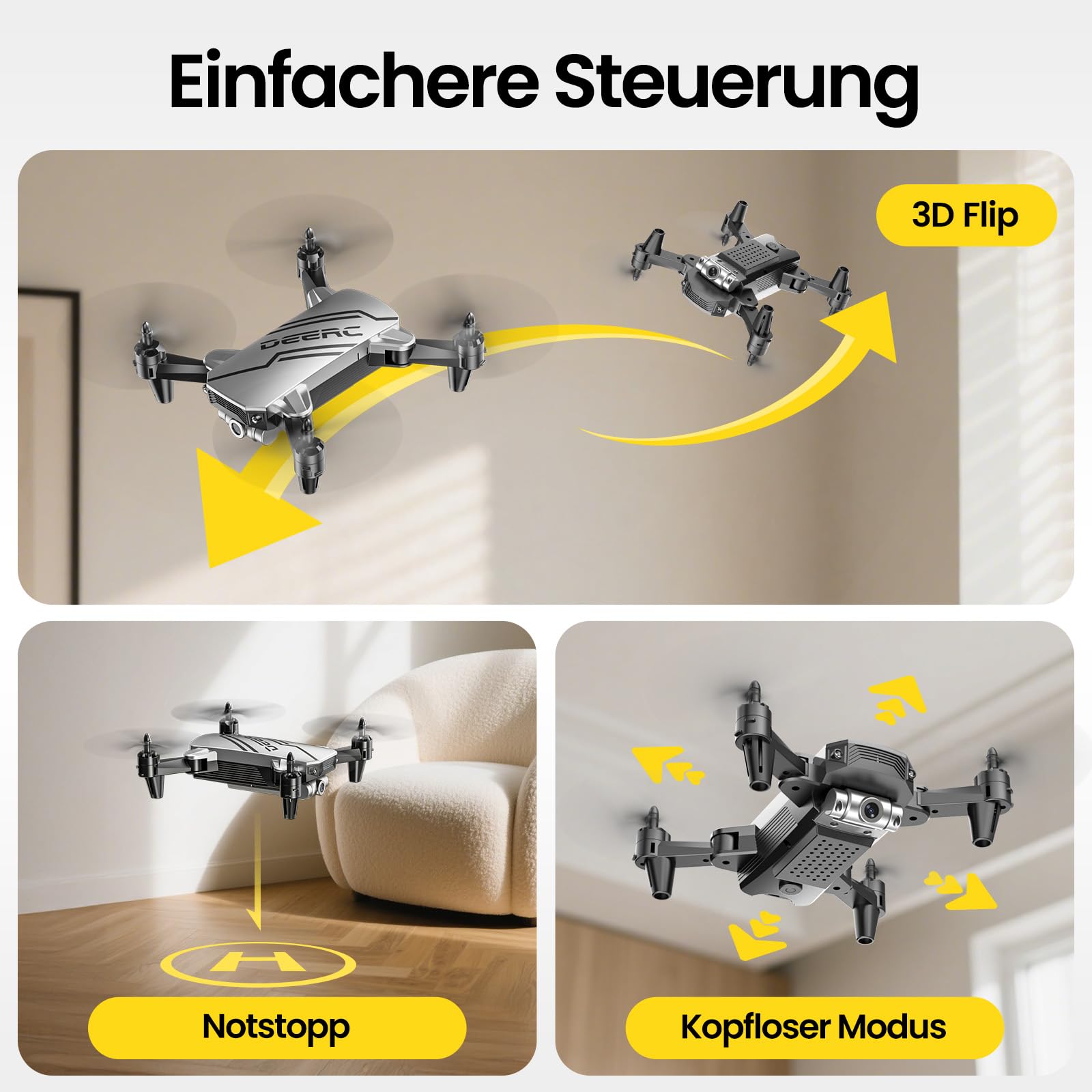 DEERC D20 Mini Drohne für Kinder mit 1080P Kamera, faltbarer RC Quadcopter mit FPV Live-Übertragung, optischem Fluss, Gestensteuerung, Flugbahn, Headless-Modus, 3D-Flip für Anfänger, Silber, C0
