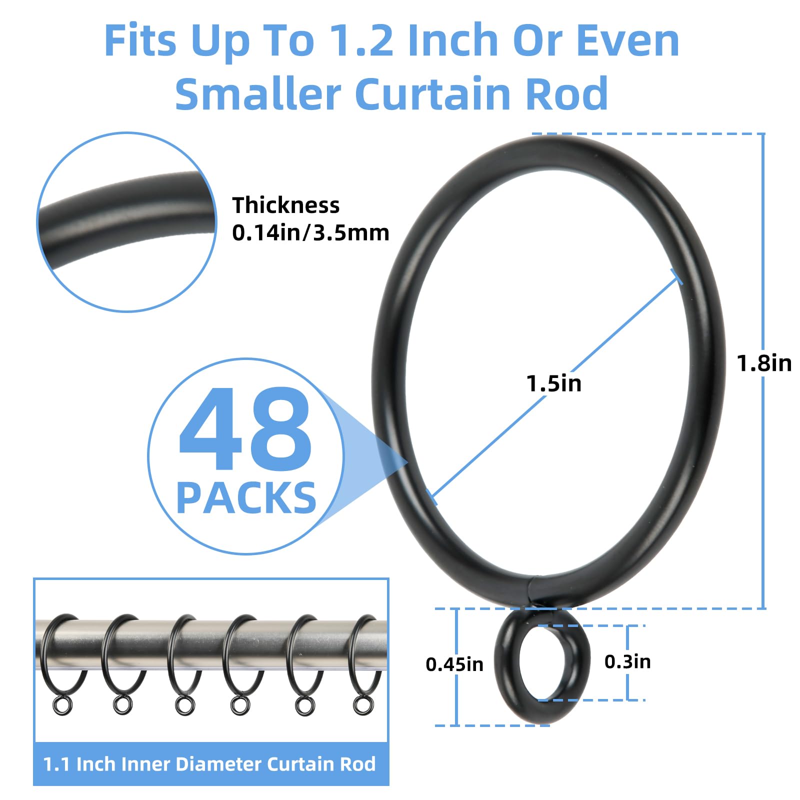 Manysky Curtain Rings with Eyelets, 48 Pack Metal Drapery Rings for Pinch Pleat Curtains Panels, Drape Rings Fits Up to 1.2 in Curtains Rod, 1.5 Inch I D Black
