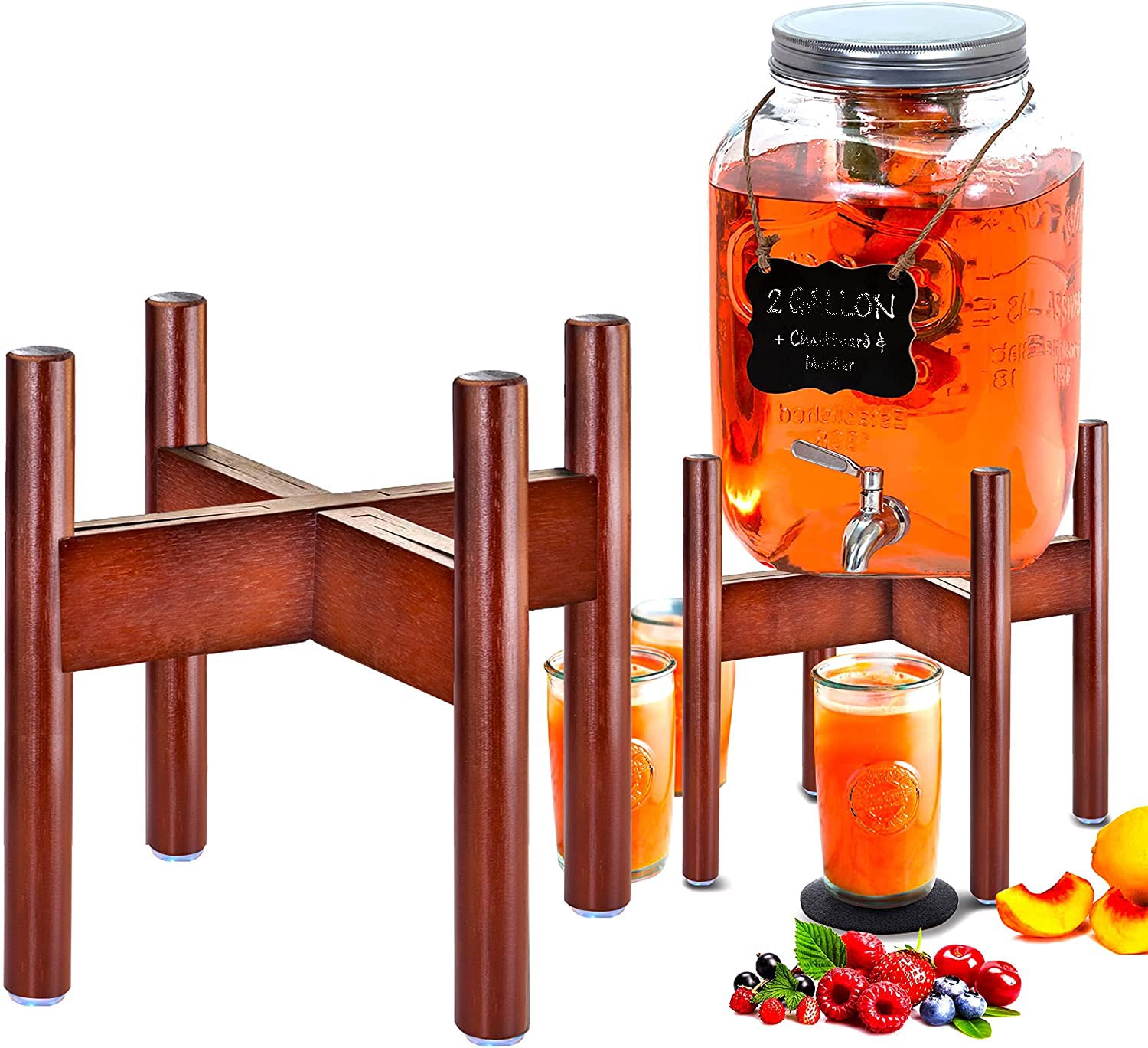 THE WHITE SHOP Drink Dispenser Stand - Can withstand 10 kg Beverage Glass Jar and Water Plastic Jug Holder - Natural Bamboo Wood/nut-brown