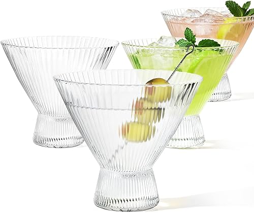 Vasos de Martini, juego de 4 copas de Martini acanaladas sin tallo, cupé grande de 8 onzas, para champán expreso, estilo retro de cristal para