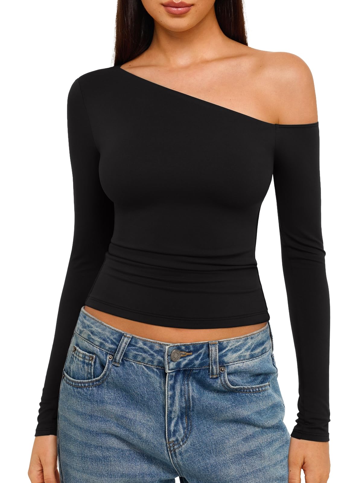 REORIA Damen figurbetonte Langarmshirts Off-Shoulder Oberteile | Eng anliegendes, sexy Y2K Ausgeh-Oberteil aus weichem, doppellagigem Material für den Winter, Einfarbig