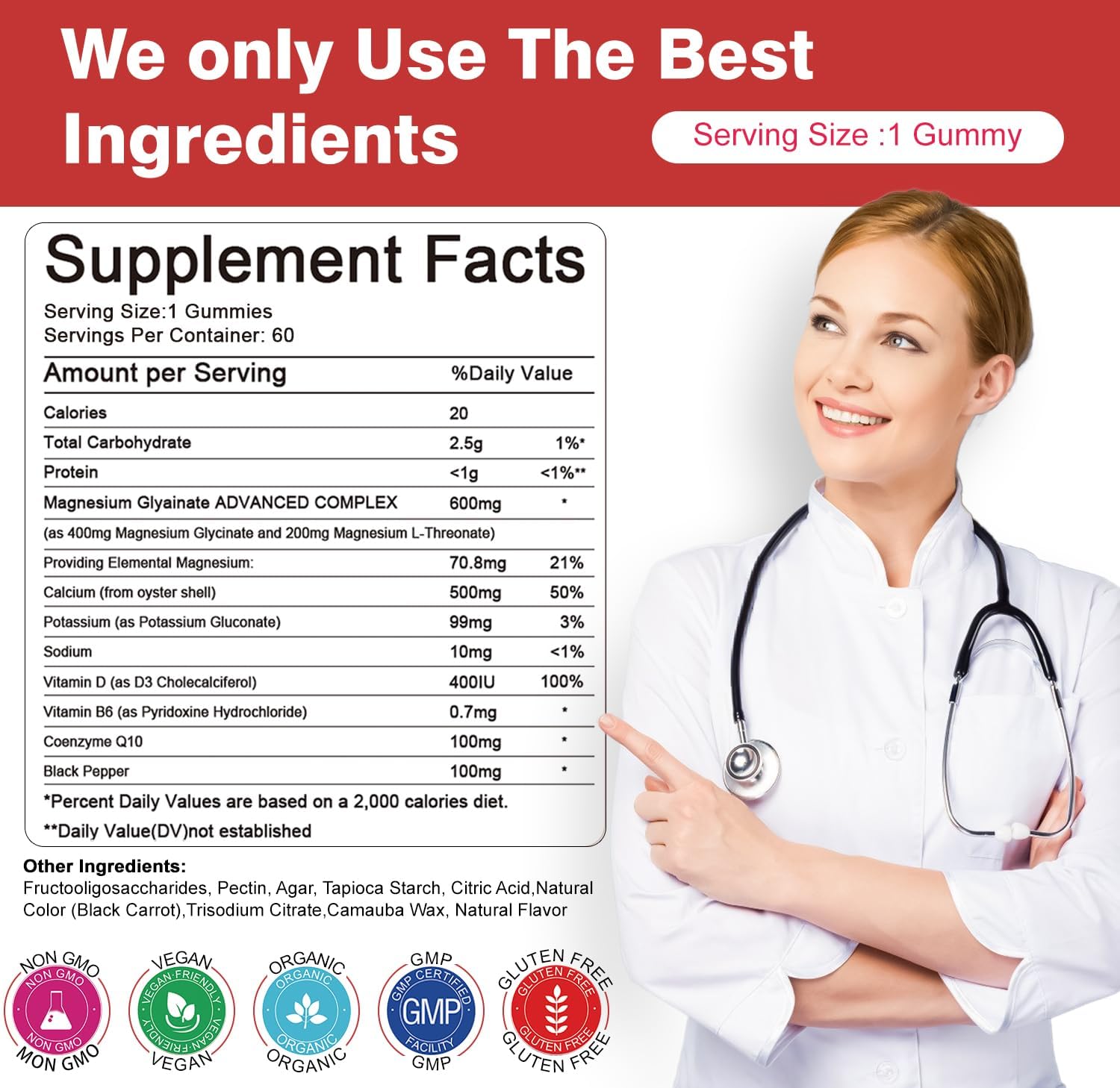 Magnesium Glycinate Gummies 600mg – Sugar Free Magnesium & Potassium Dietary Supplement with Vitamin D, B6 and CoQ10 for Calm Support & Sleep for Adults - High Absorption - Raspberry Gummies - Image 3