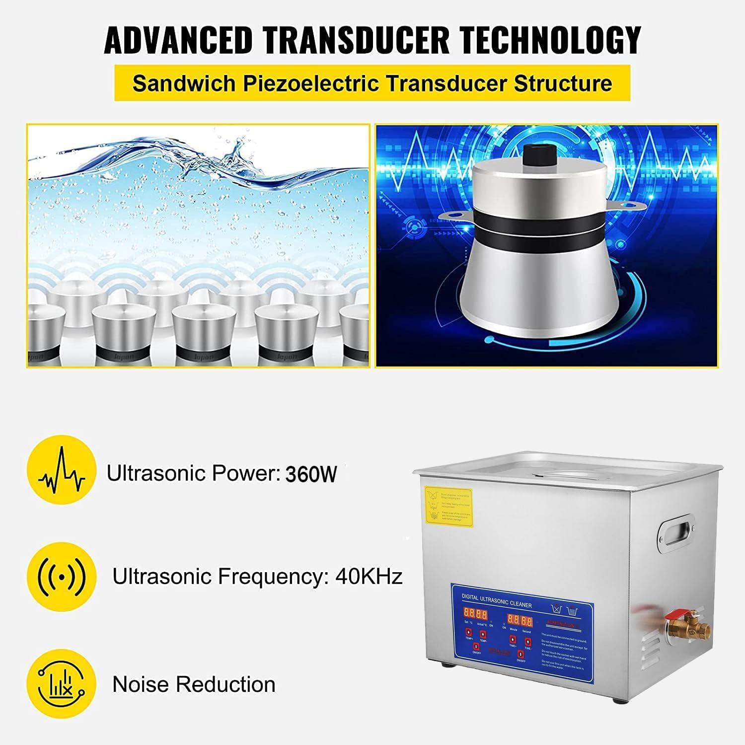 Limpiador Ultrasónico 15L con Calentador y Temporizador, Máquina Profesional de Acero Inoxidable para Joyería, Herramientas de Laboratorio y Gafas - Alta Potencia 40kHz, Calor Ajustable (0-80°C)
