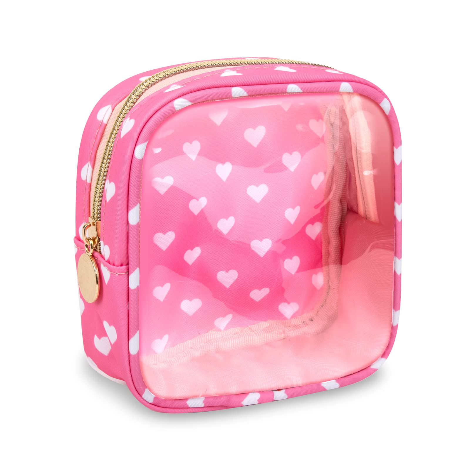 Clear Mini Makeup Bag for Purse, Small Nylon&PVC Cosmetic Travel Bag TSA Approved Toiletry Bag with Zipper, Preppy Transparent Makeup Travel Bag Coin Purse for Women Men Girls(Mini-Pink Heart)