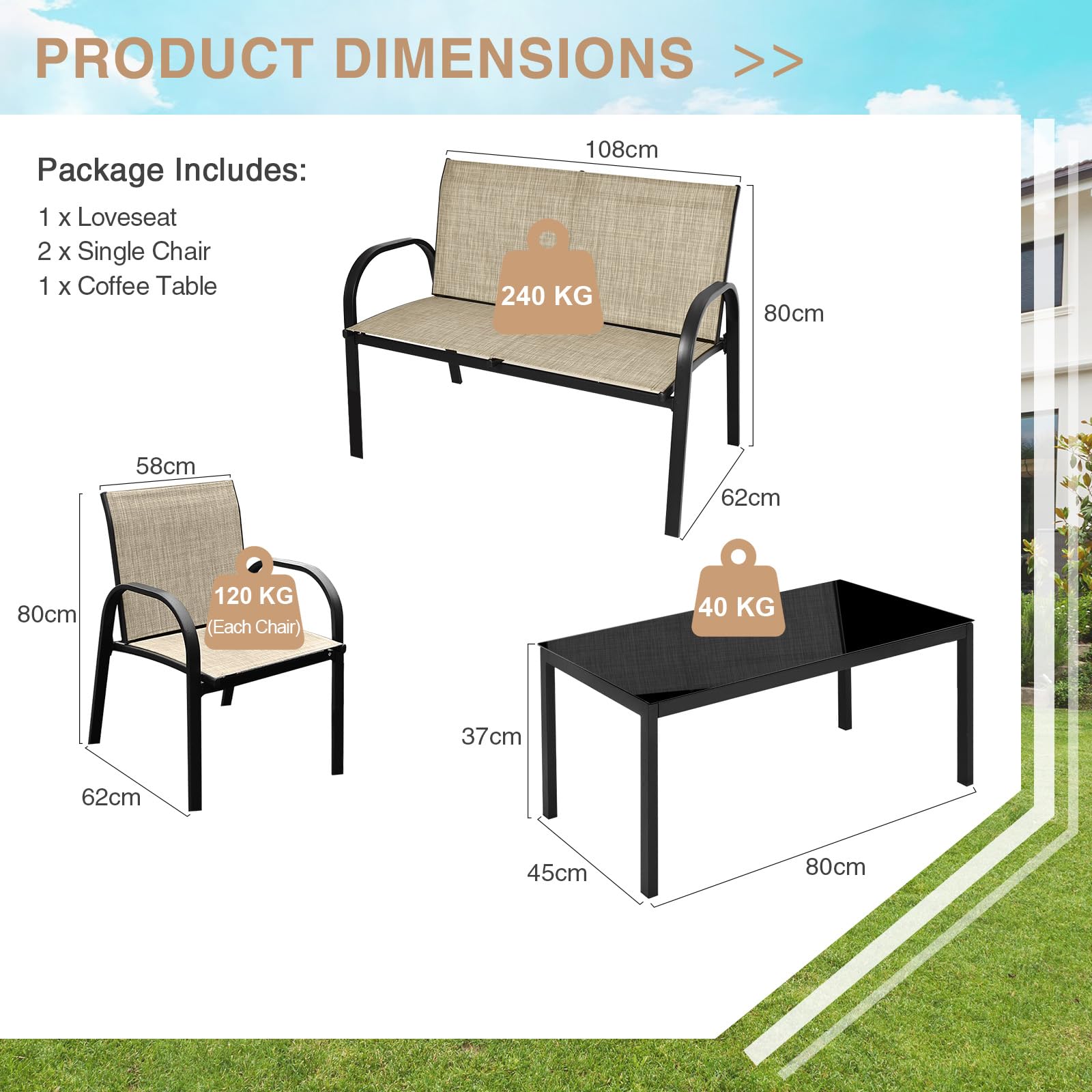 GIANTEX Salon de Jardin Exterieur 4 Pièces, Table Basse en Verre Trempé, 2 Place Canapé, 2 Chaises, Mobilier de Jardin 4 Personnes en Tissu Respirant pour Terrase, Piscine, Patio, Marron