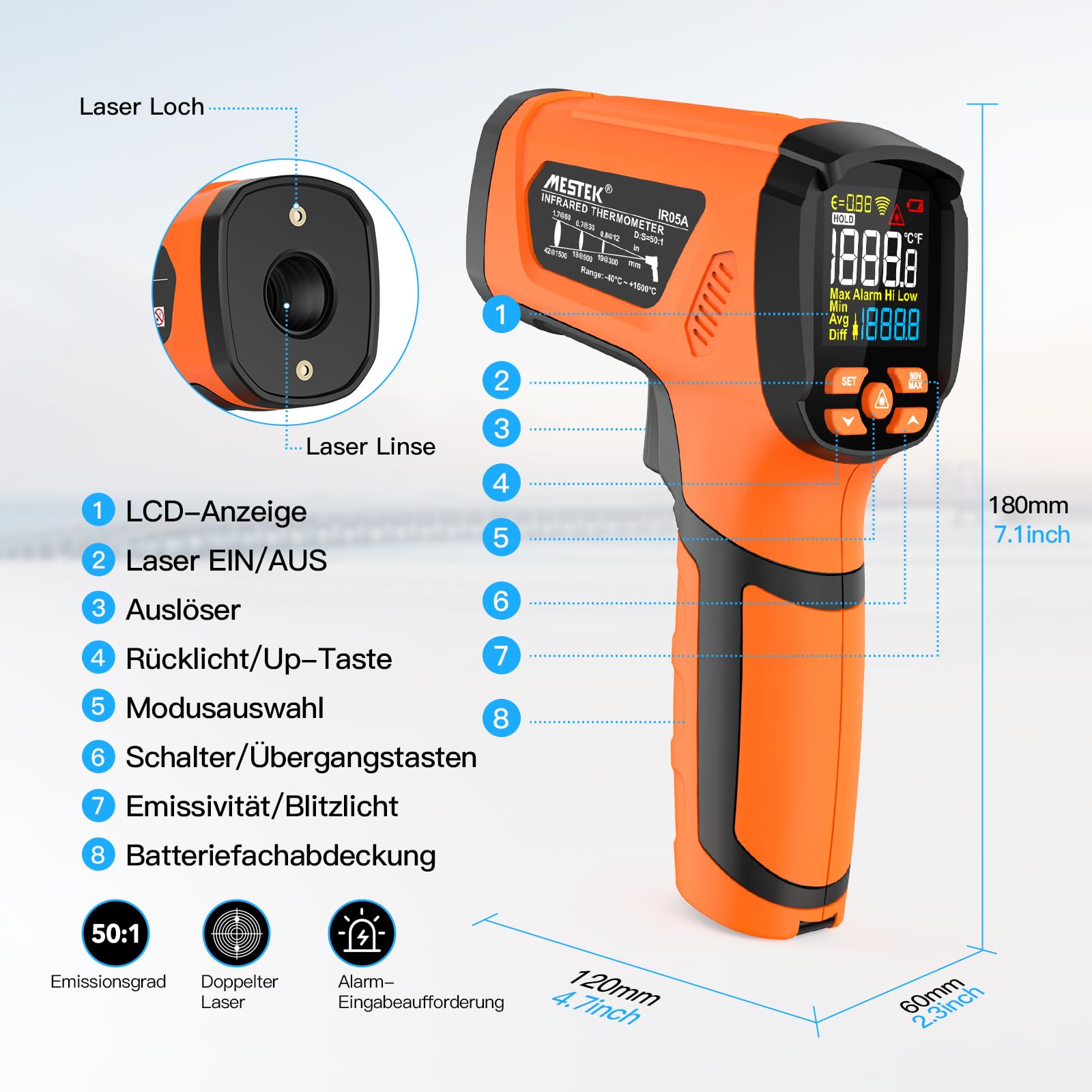MESTEK Termometro a Infrarossi Digitale -40°C~1600°C con K-Probe Senza Contatto LCD